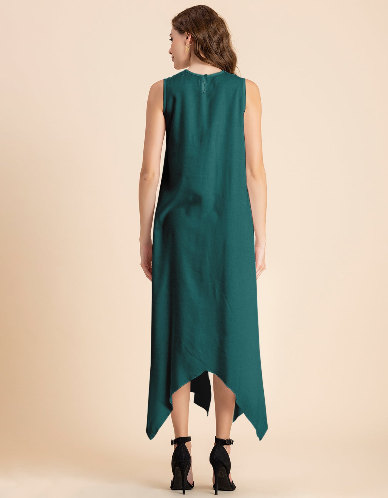 Contemporary Asymmetric Round Neck Solid Rayon Dress