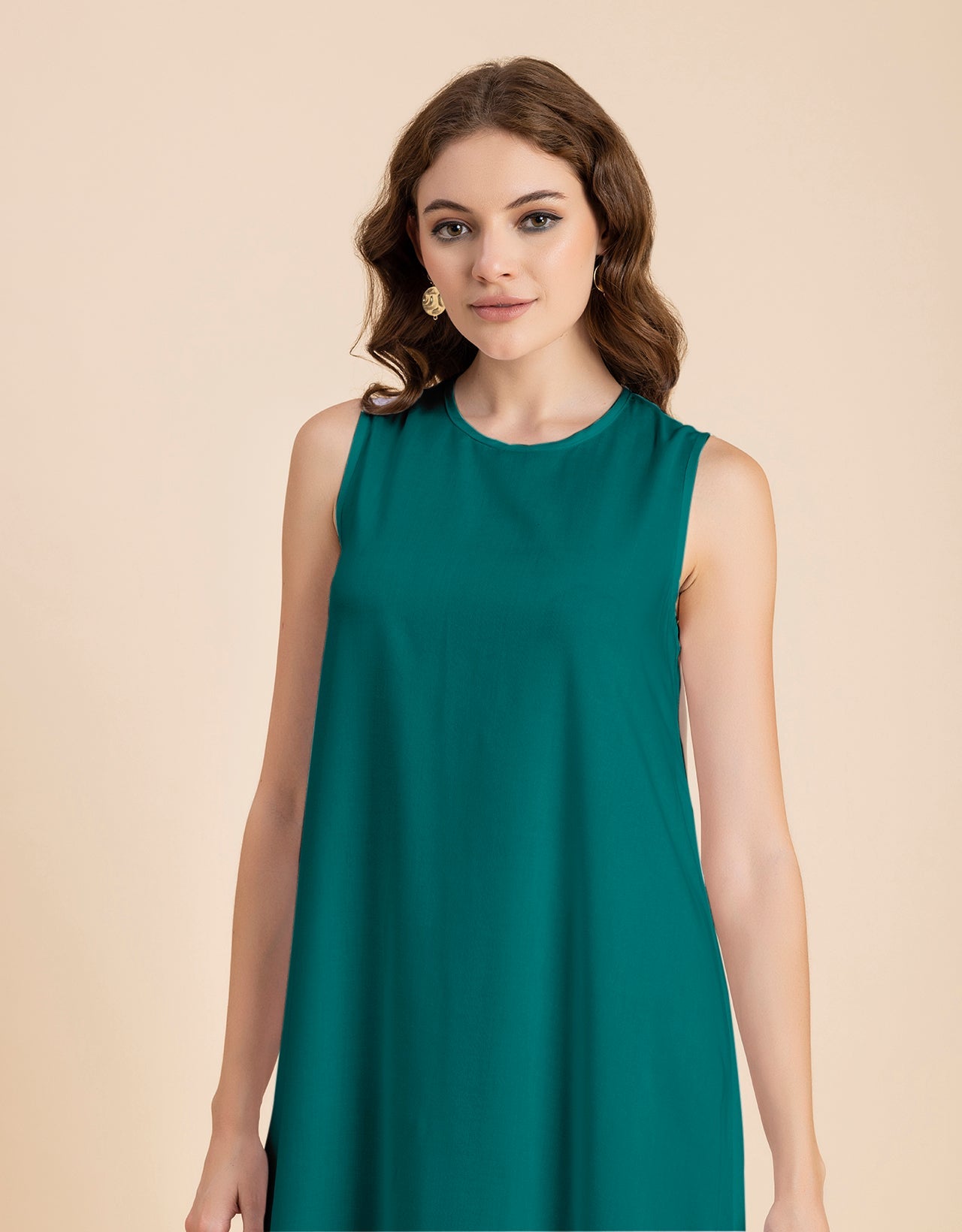 Contemporary Asymmetric Round Neck Solid Rayon Dress