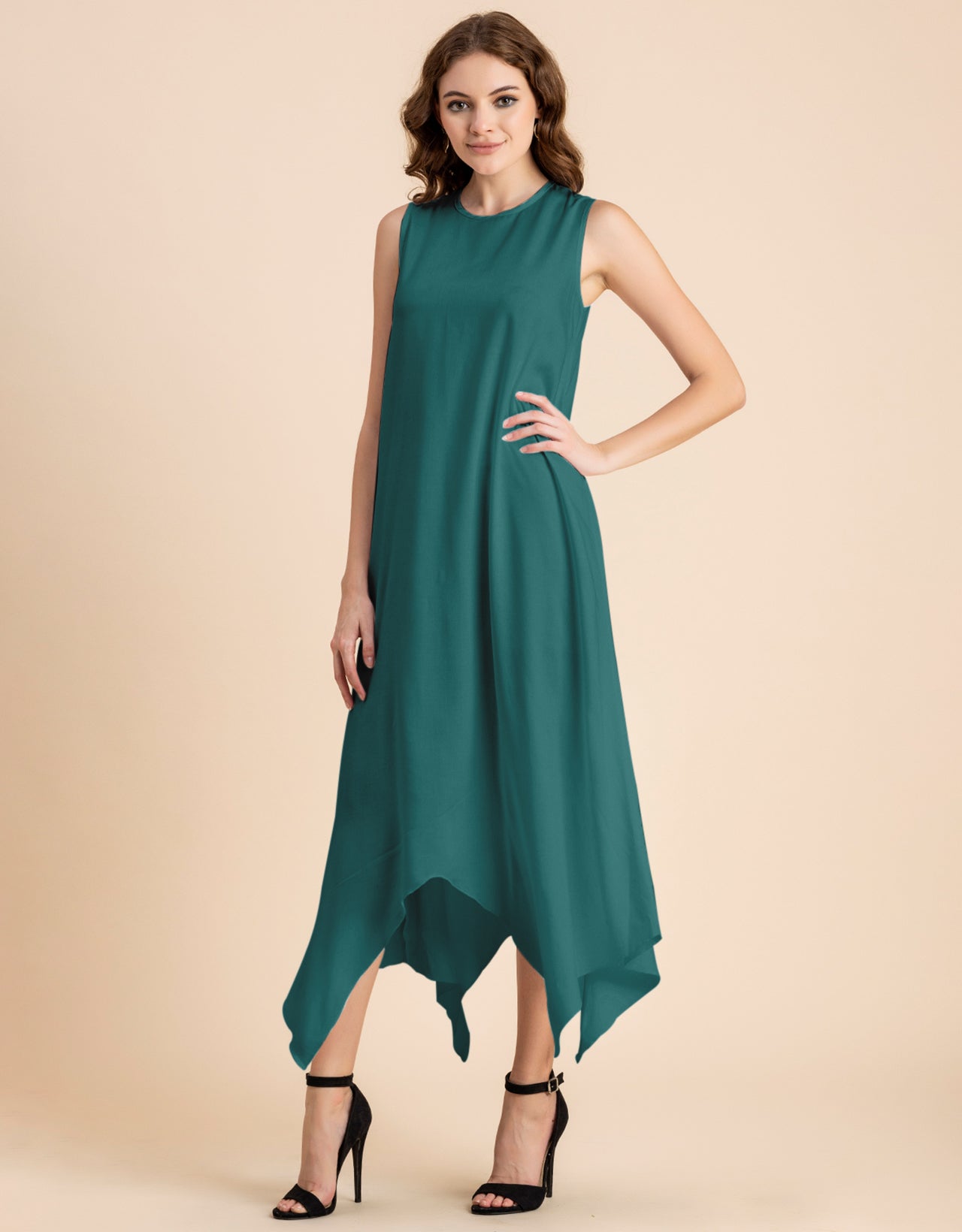 Contemporary Asymmetric Round Neck Solid Rayon Dress