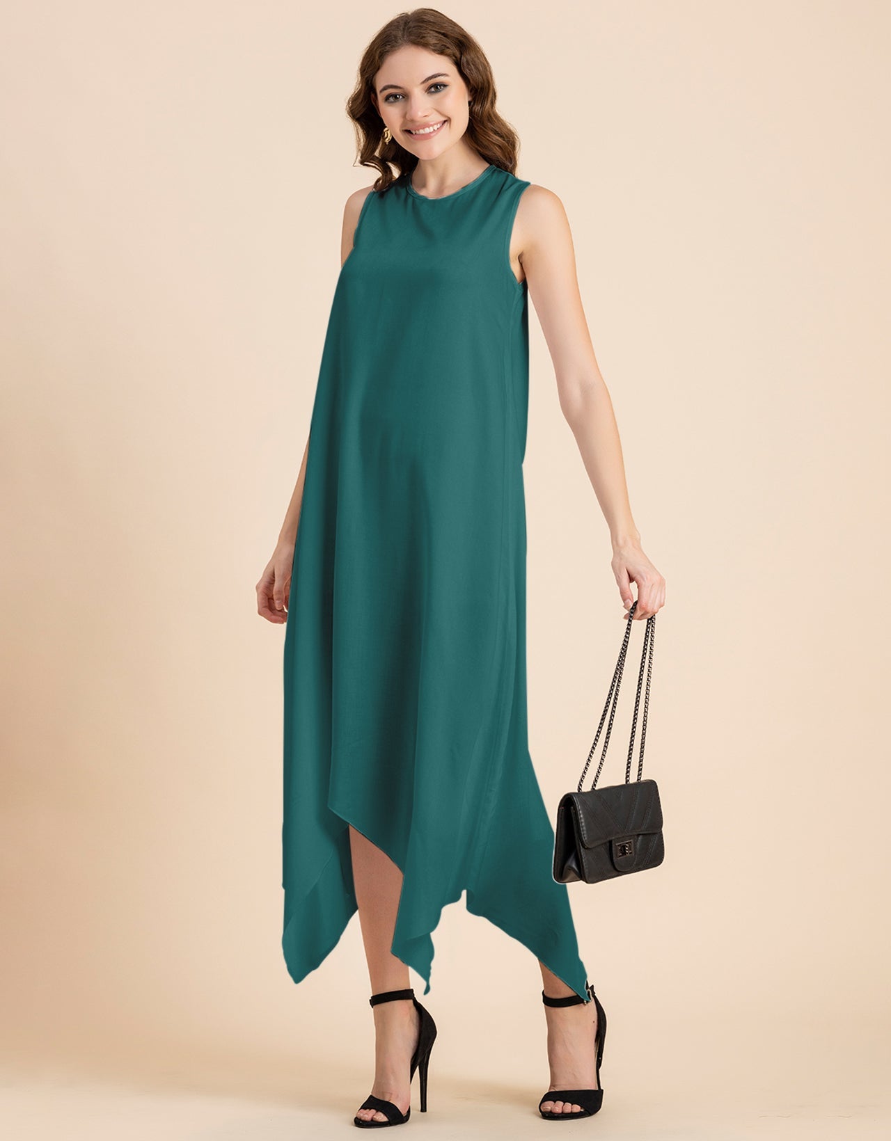 Contemporary Asymmetric Round Neck Solid Rayon Dress