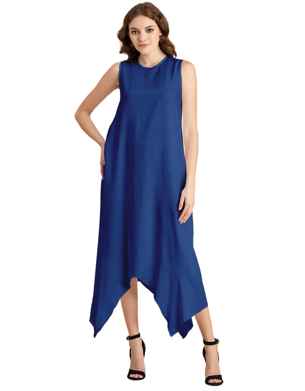 Contemporary Asymmetric Round Neck Solid Rayon Dress