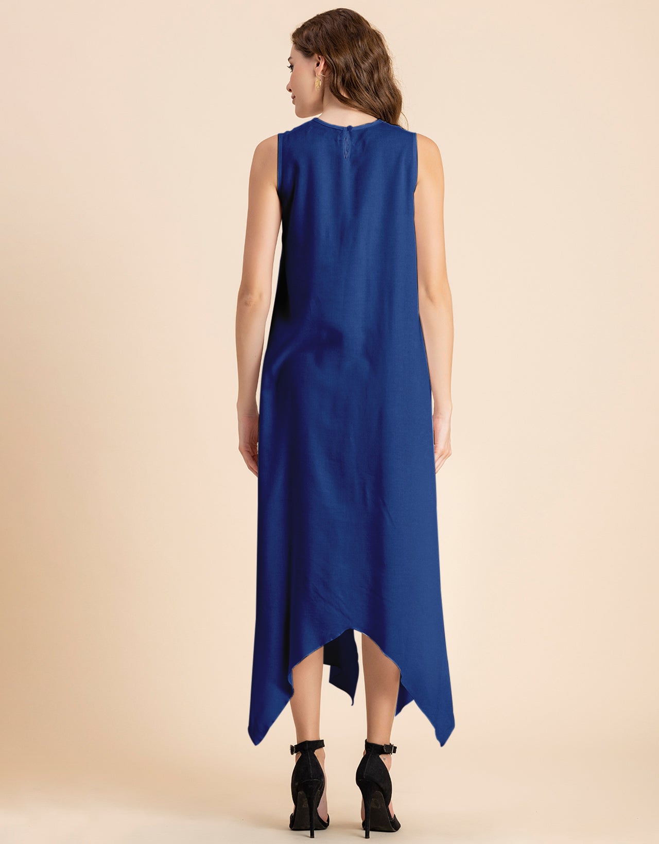 Contemporary Asymmetric Round Neck Solid Rayon Dress