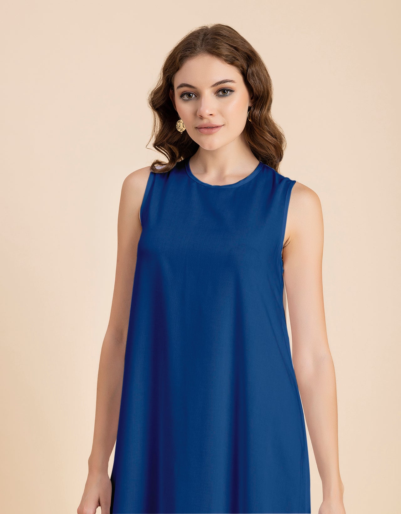 Contemporary Asymmetric Round Neck Solid Rayon Dress