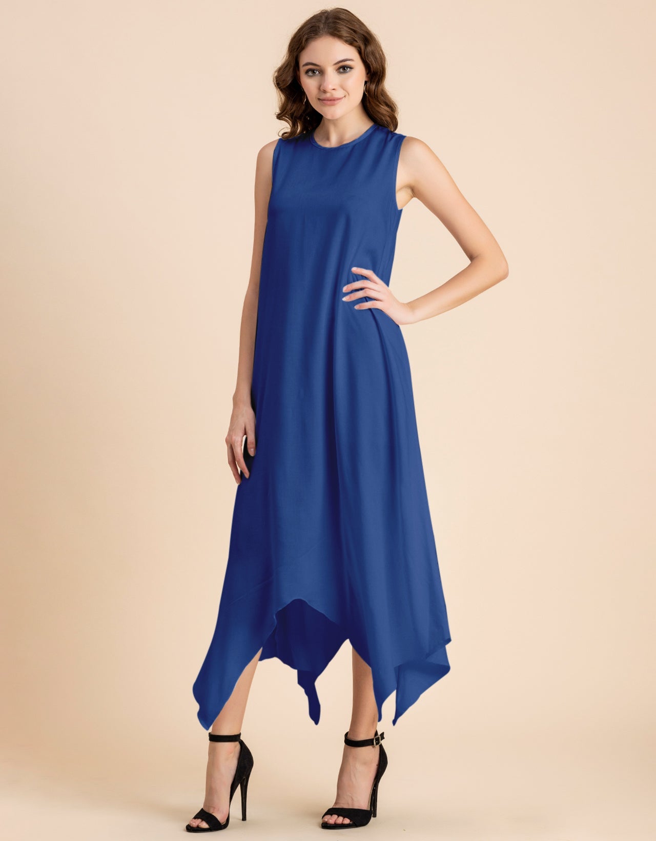 Contemporary Asymmetric Round Neck Solid Rayon Dress