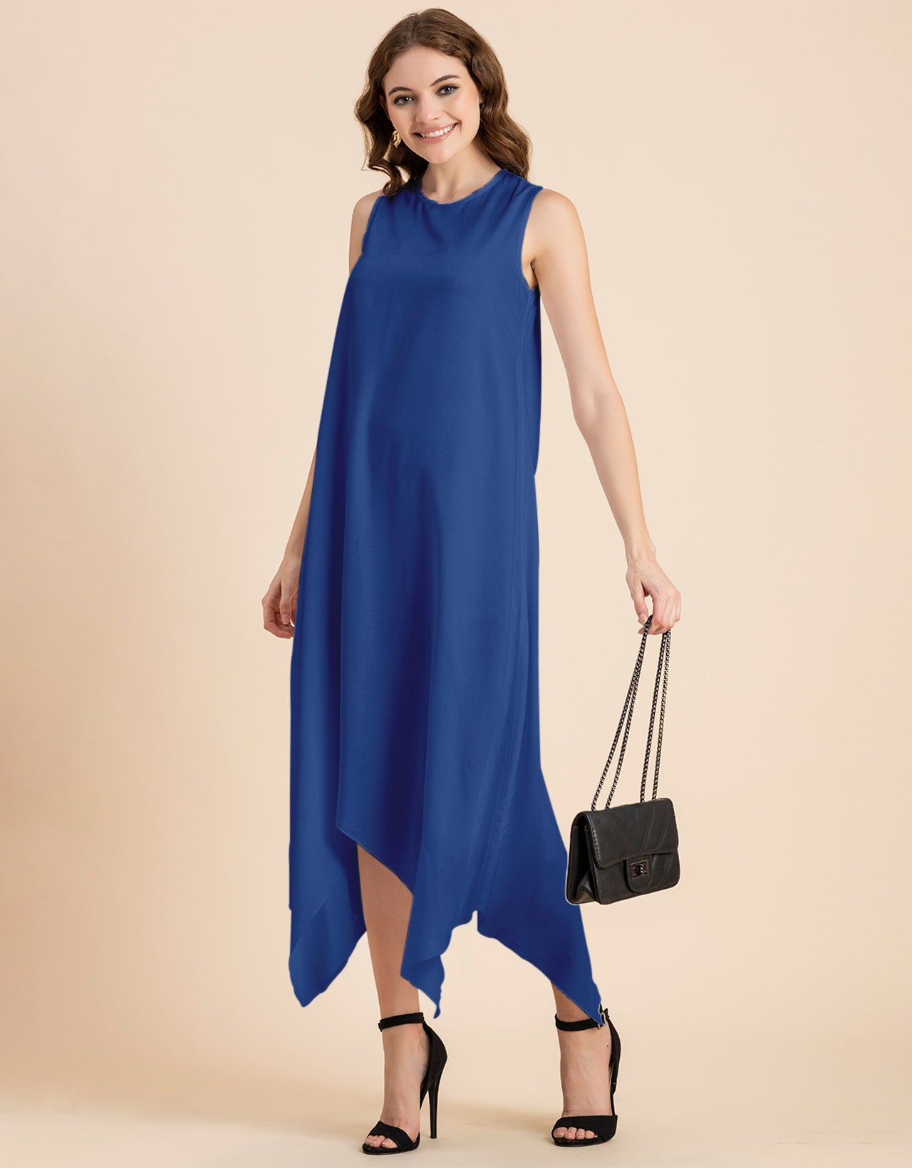 Contemporary Asymmetric Round Neck Solid Rayon Dress