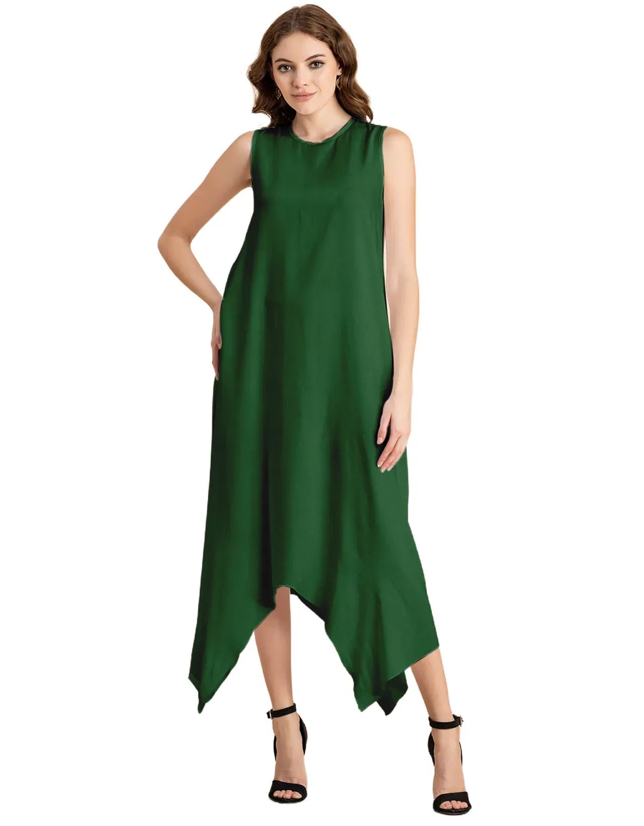 Contemporary Asymmetric Round Neck Solid Rayon Dress