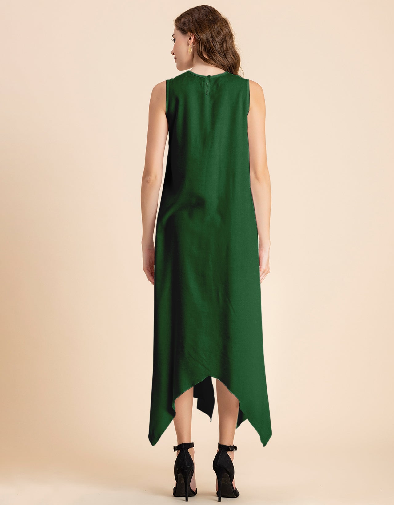 Contemporary Asymmetric Round Neck Solid Rayon Dress