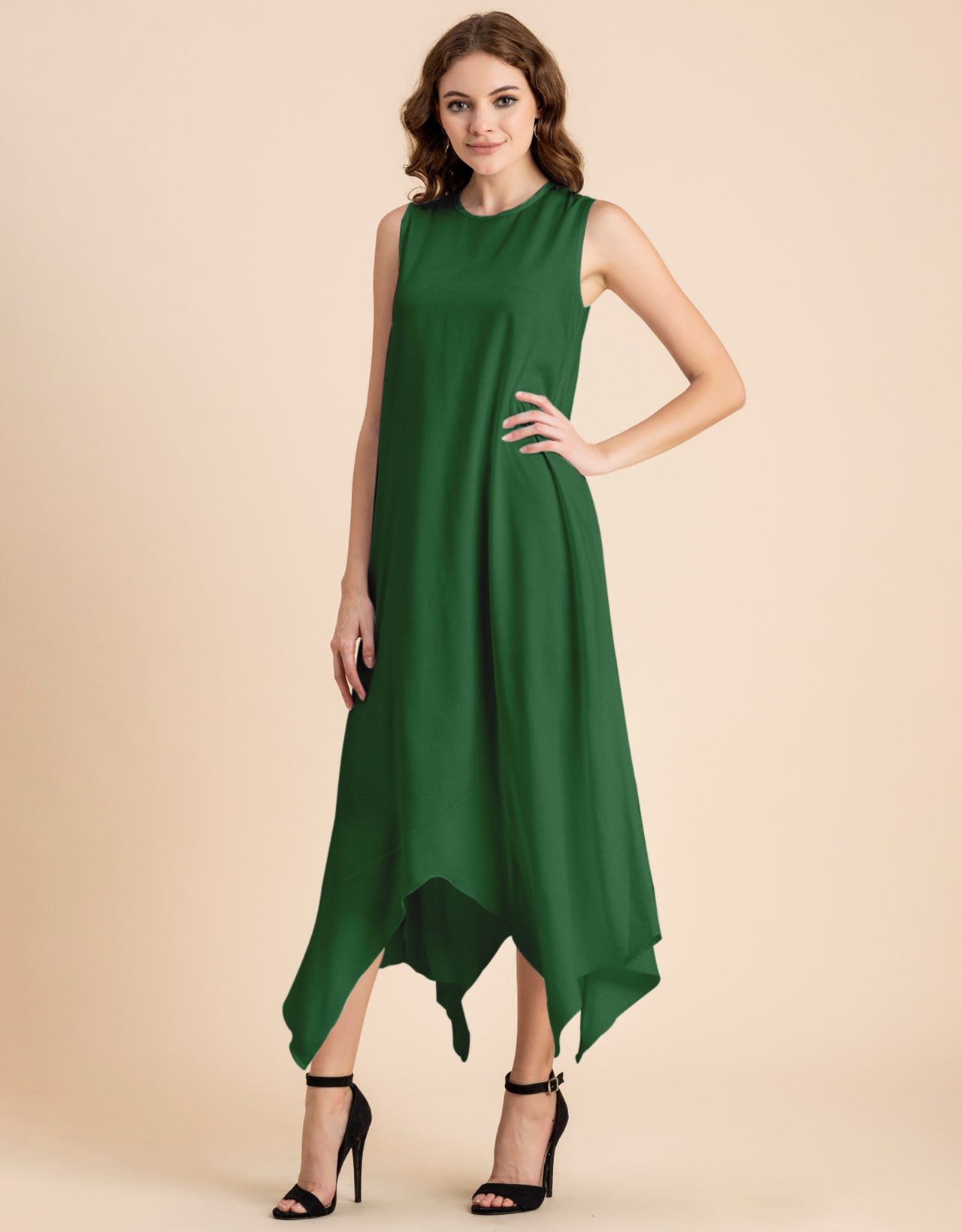 Contemporary Asymmetric Round Neck Solid Rayon Dress