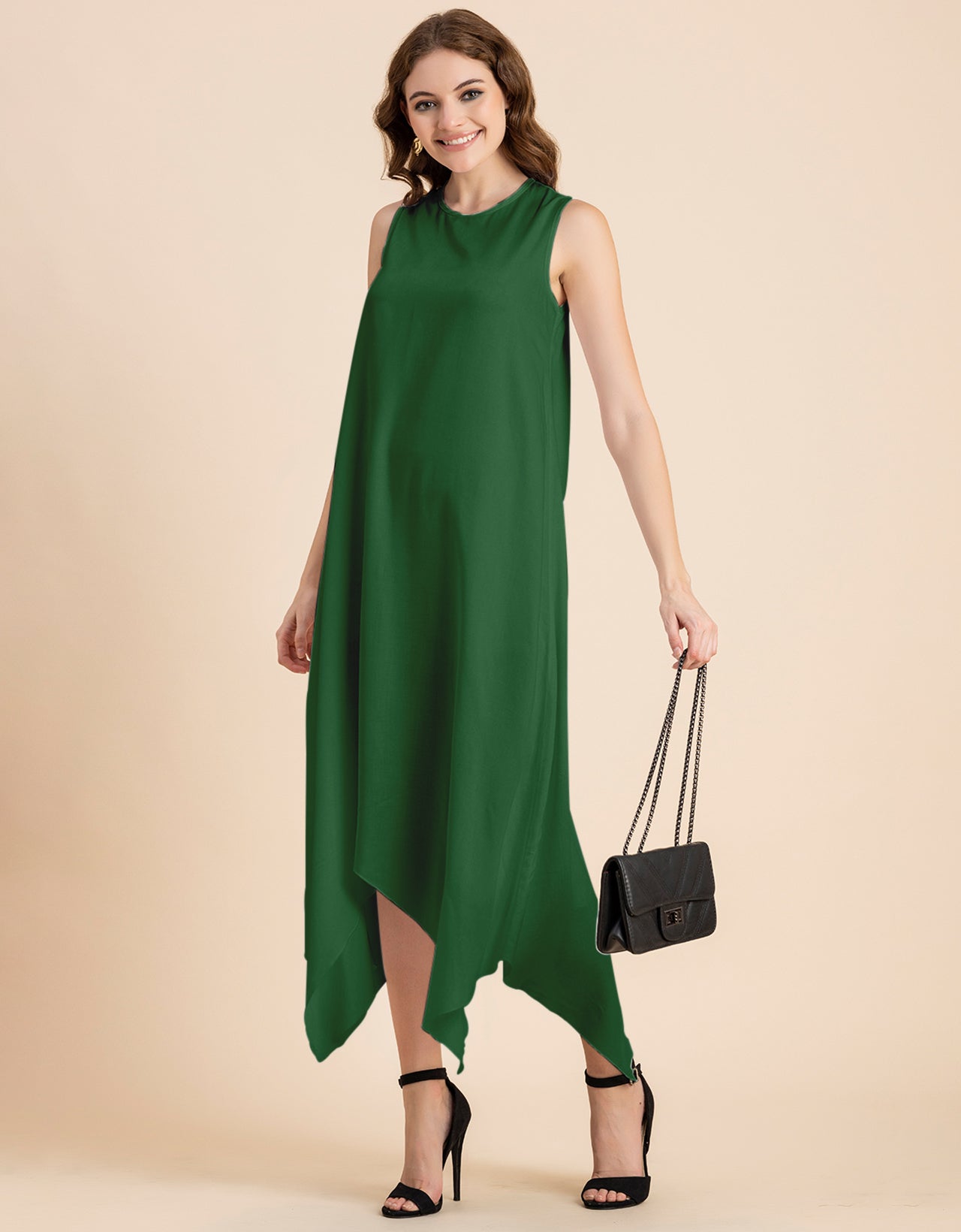 Contemporary Asymmetric Round Neck Solid Rayon Dress