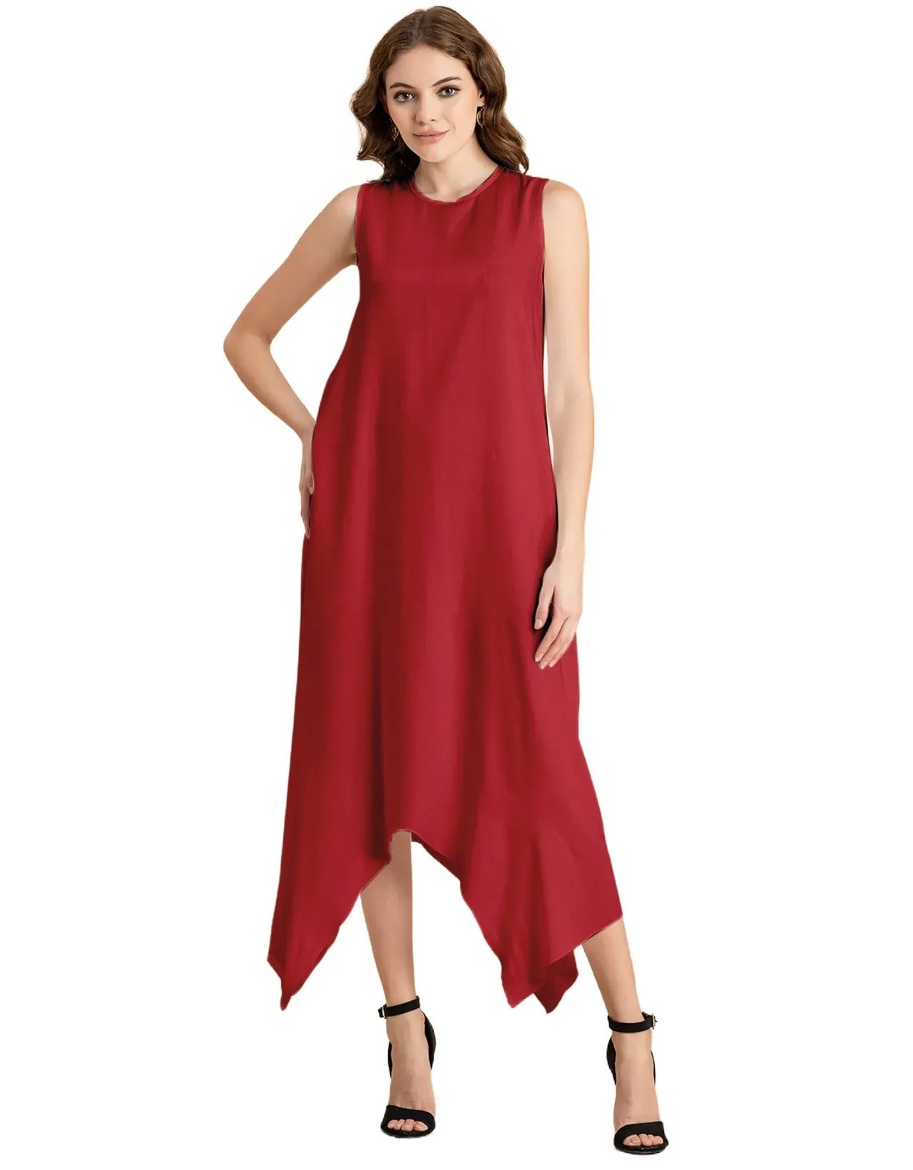 Contemporary Asymmetric Round Neck Solid Rayon Dress