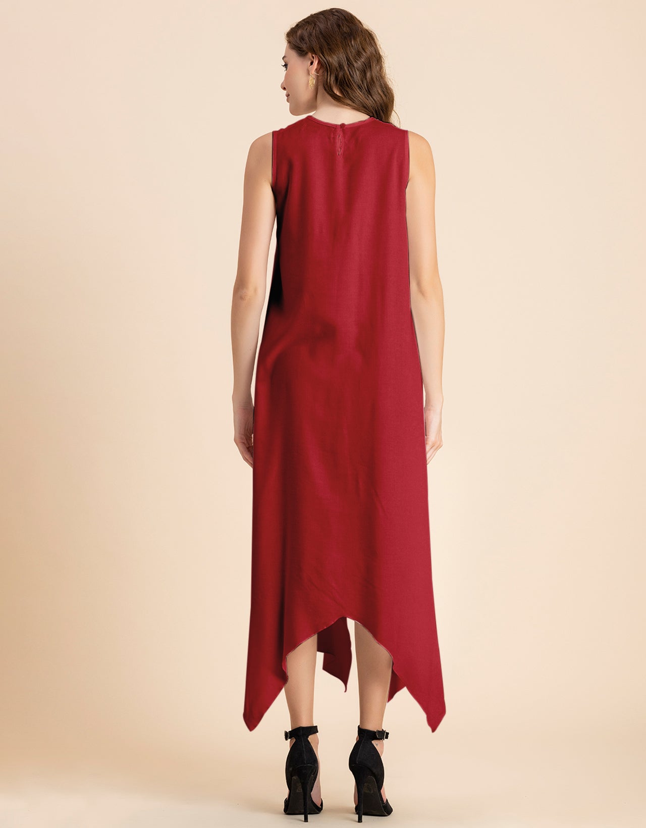 Contemporary Asymmetric Round Neck Solid Rayon Dress