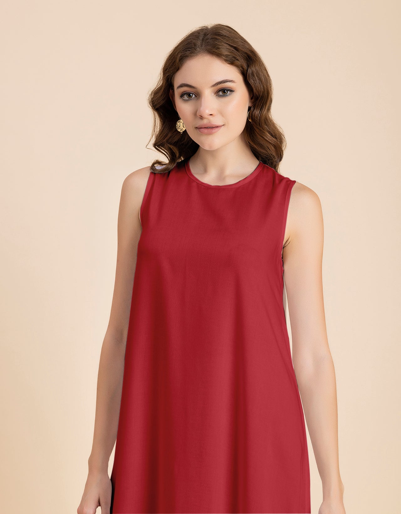 Contemporary Asymmetric Round Neck Solid Rayon Dress