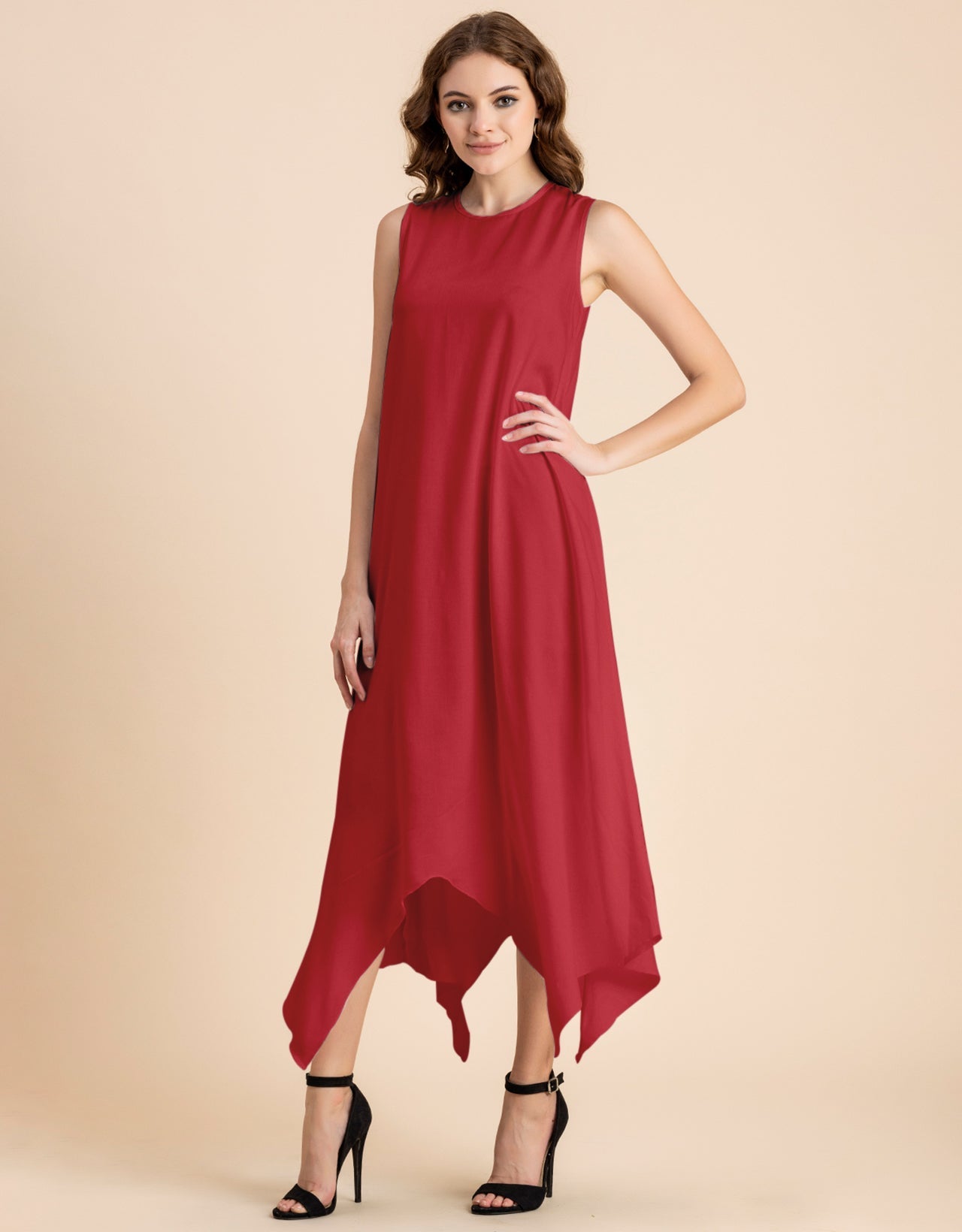 Contemporary Asymmetric Round Neck Solid Rayon Dress