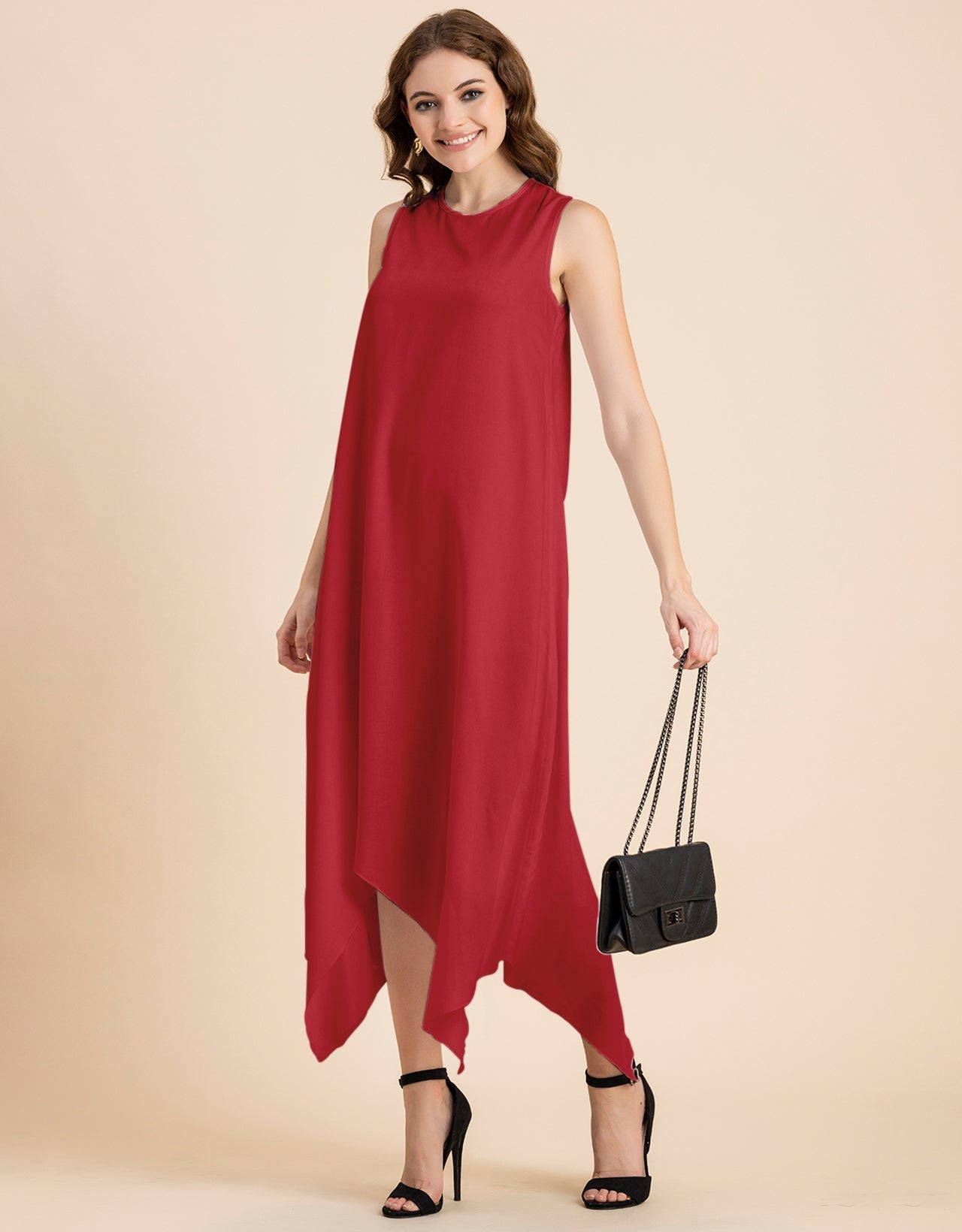 Contemporary Asymmetric Round Neck Solid Rayon Dress