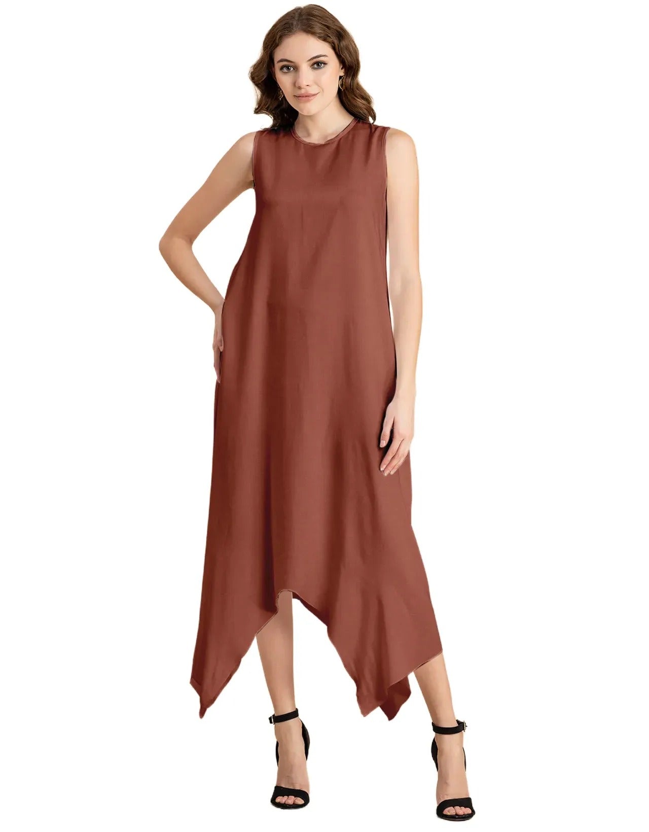 Contemporary Asymmetric Round Neck Solid Rayon Dress