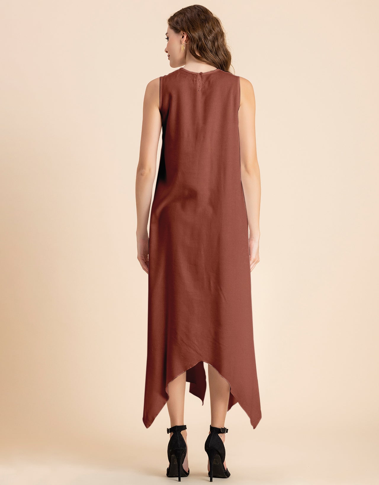 Contemporary Asymmetric Round Neck Solid Rayon Dress