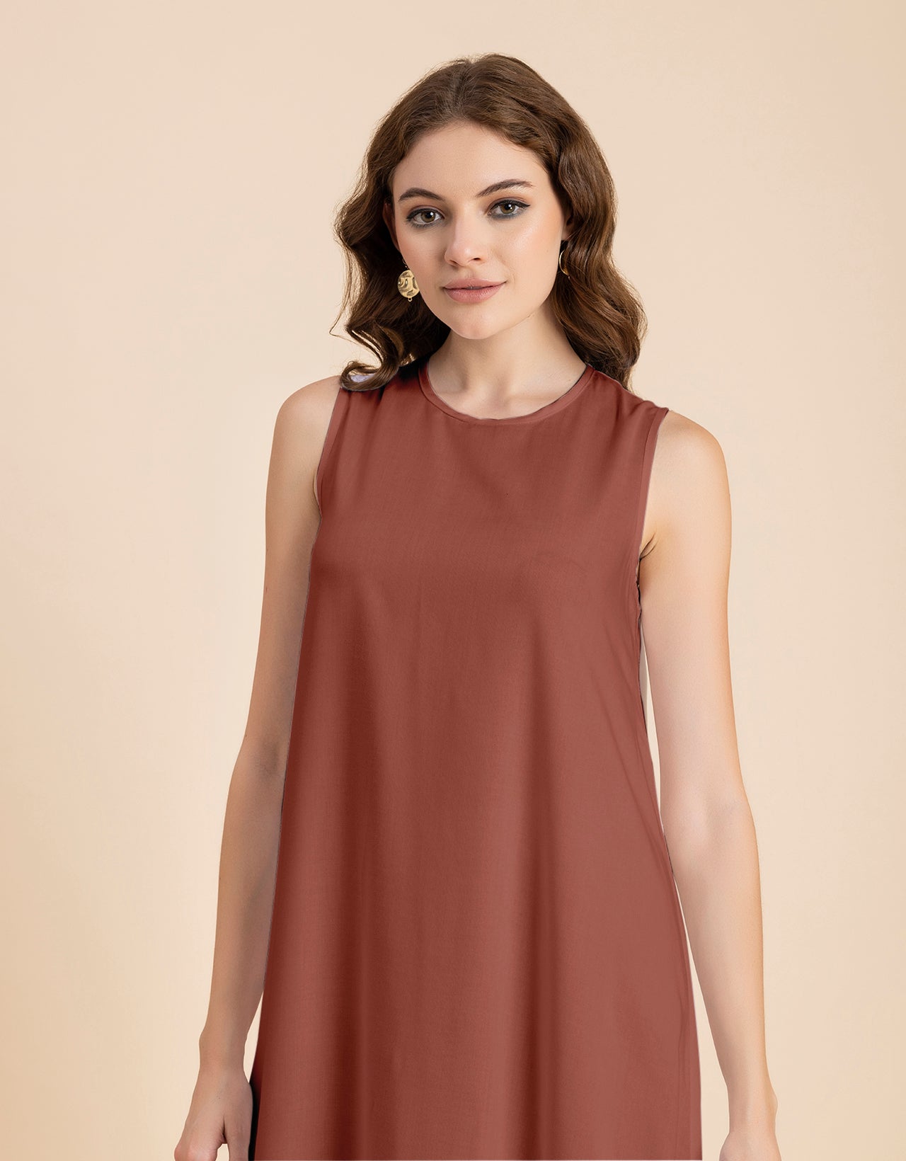 Contemporary Asymmetric Round Neck Solid Rayon Dress