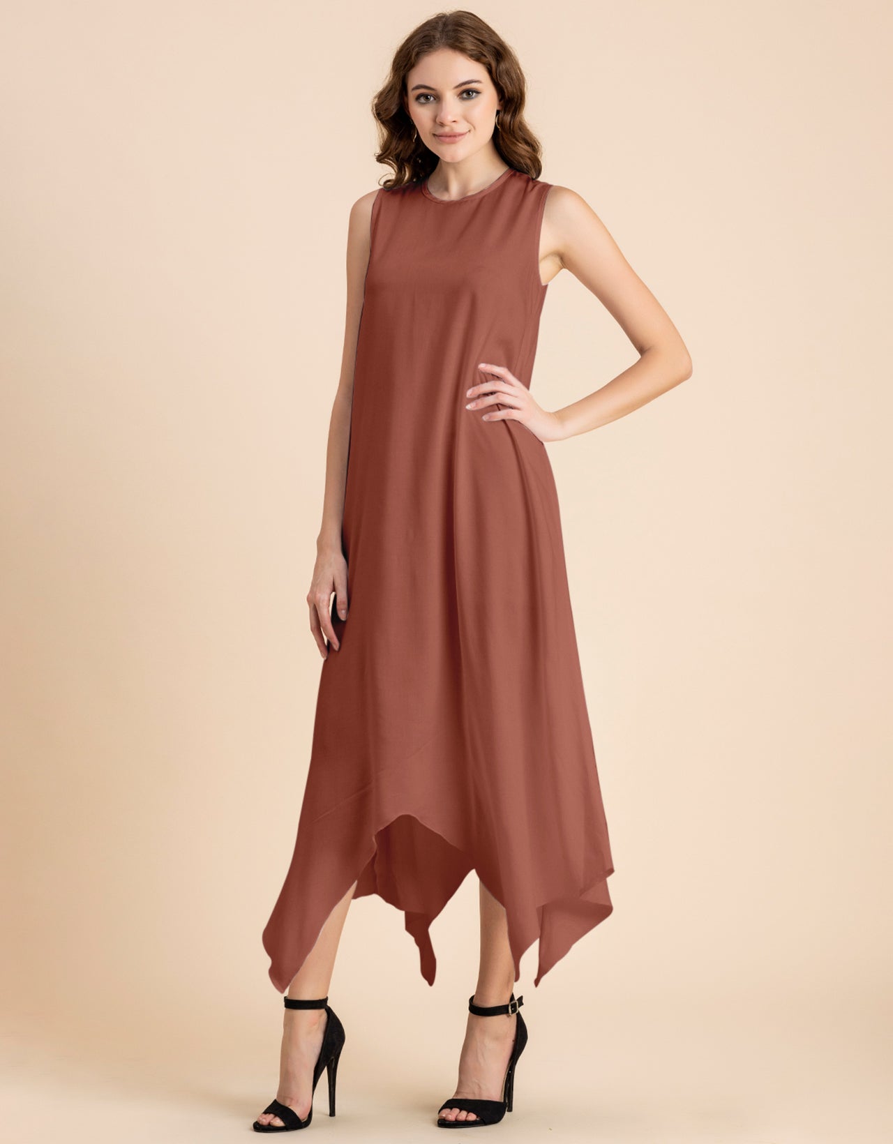 Contemporary Asymmetric Round Neck Solid Rayon Dress
