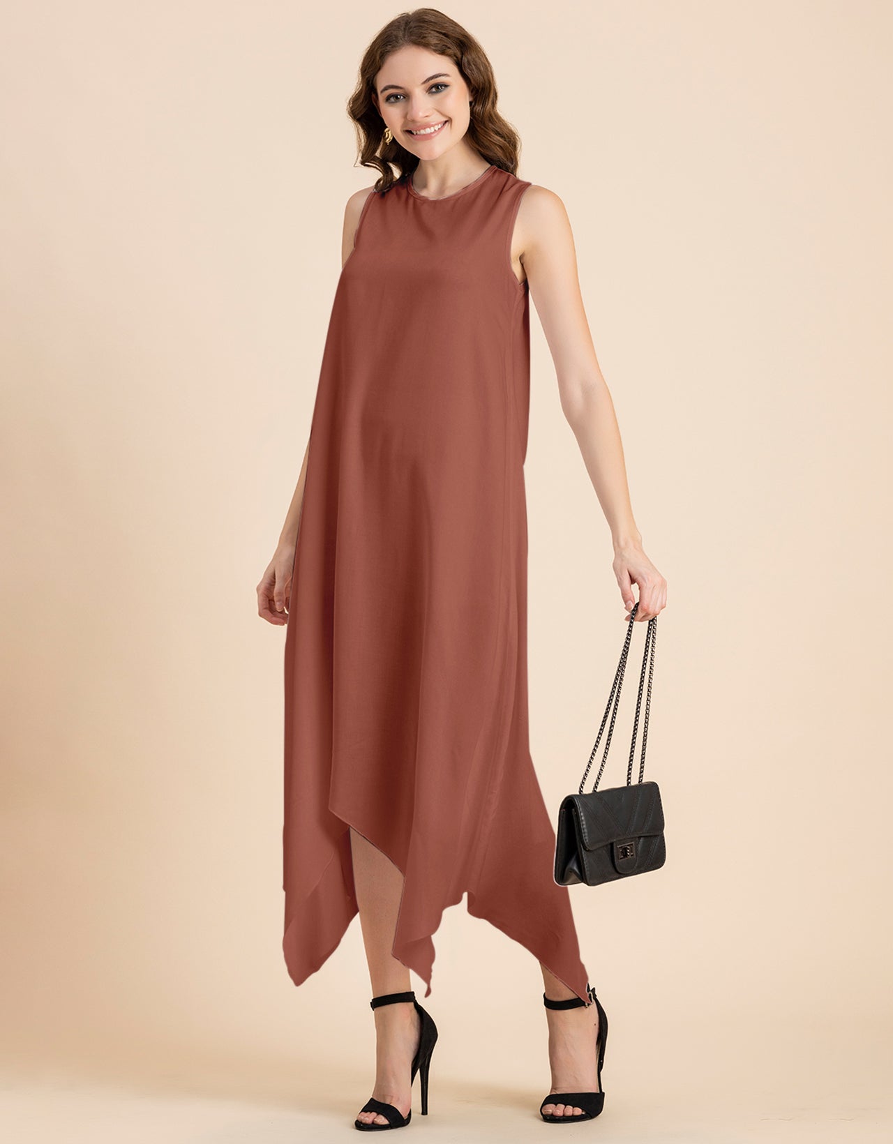 Contemporary Asymmetric Round Neck Solid Rayon Dress
