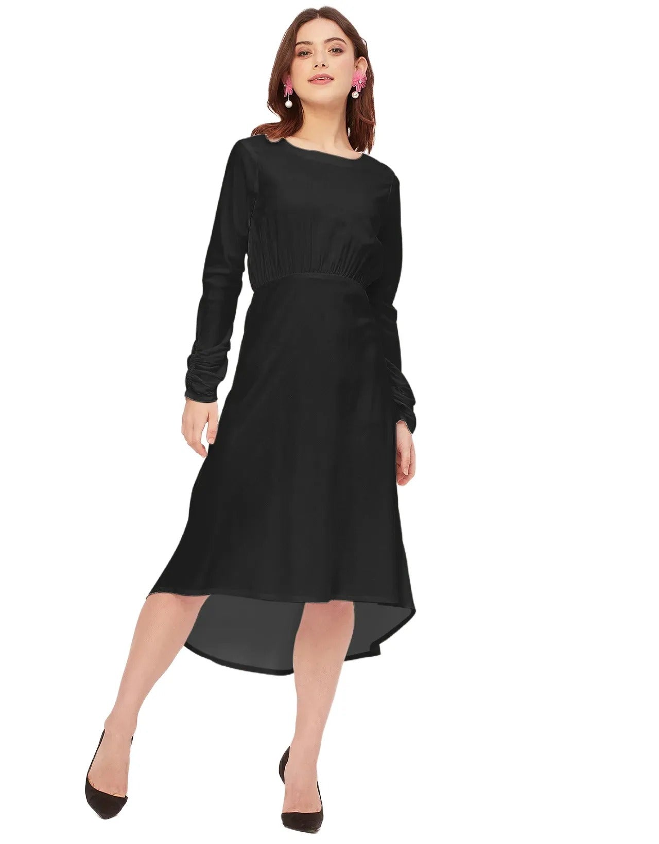 Solid Rayon Long Sleeve Fit & Flare Dress