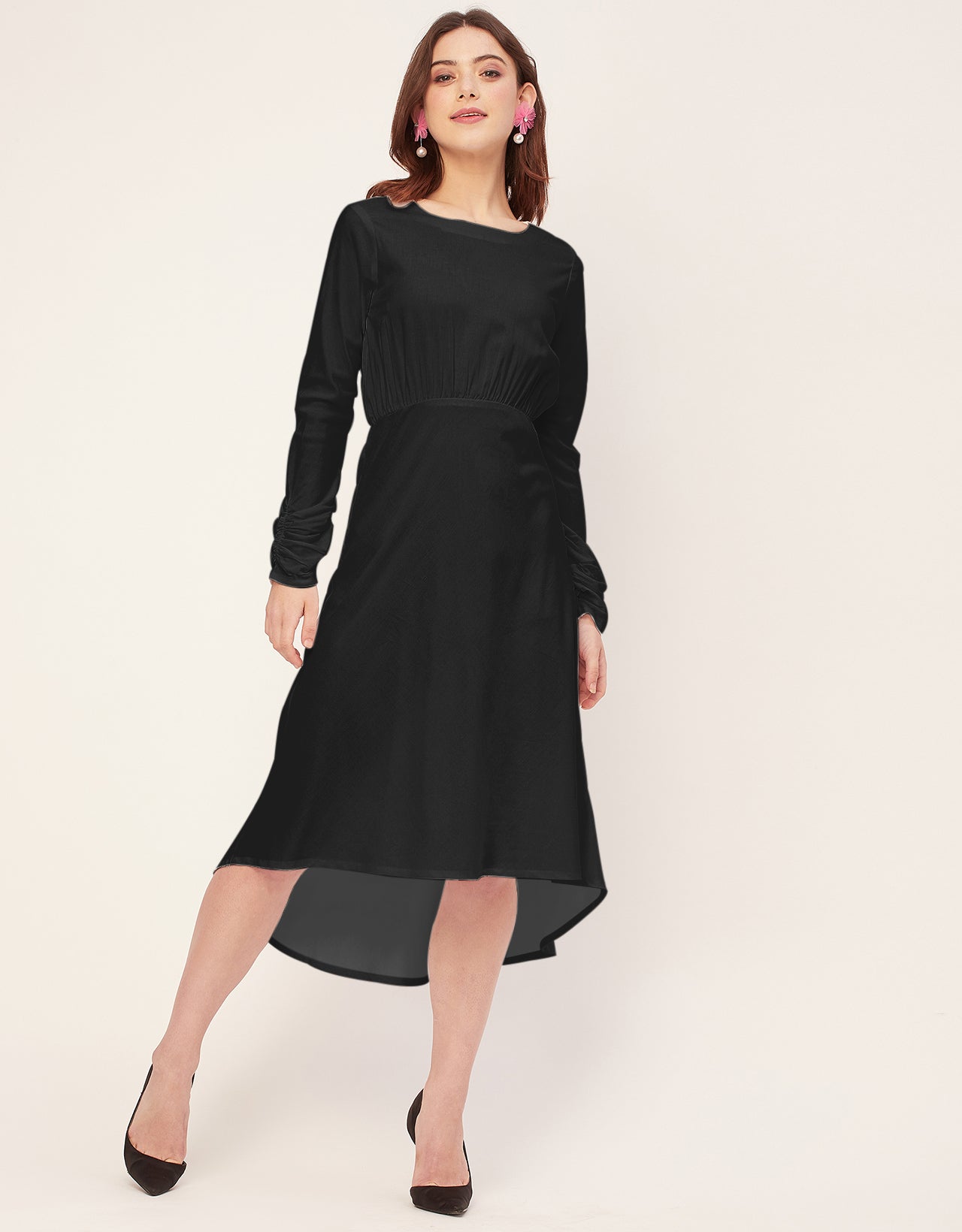 Solid Rayon Long Sleeve Fit & Flare Dress