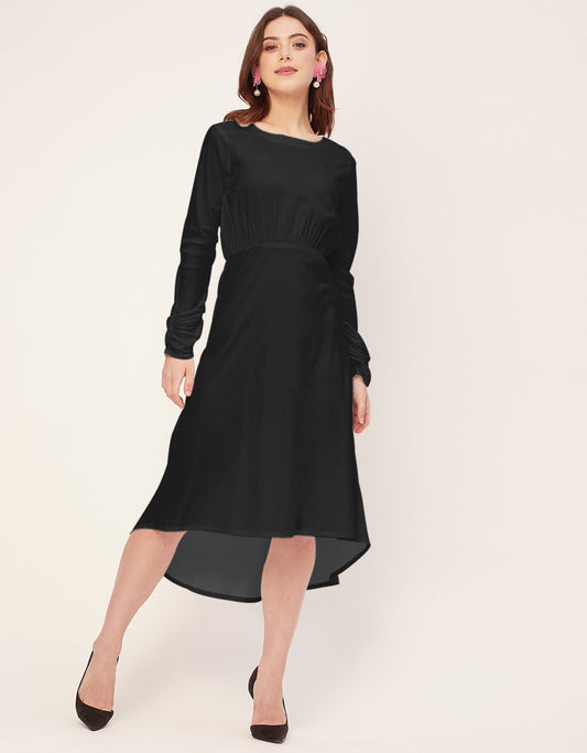 Solid Rayon Long Sleeve Fit & Flare Dress