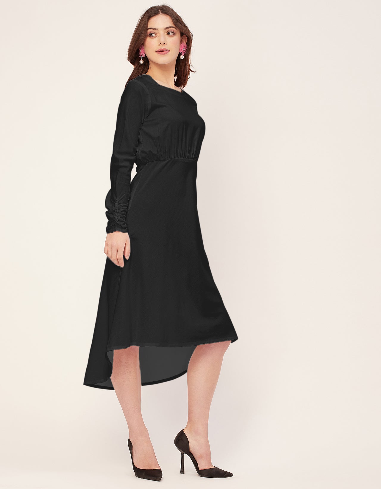 Solid Rayon Long Sleeve Fit & Flare Dress