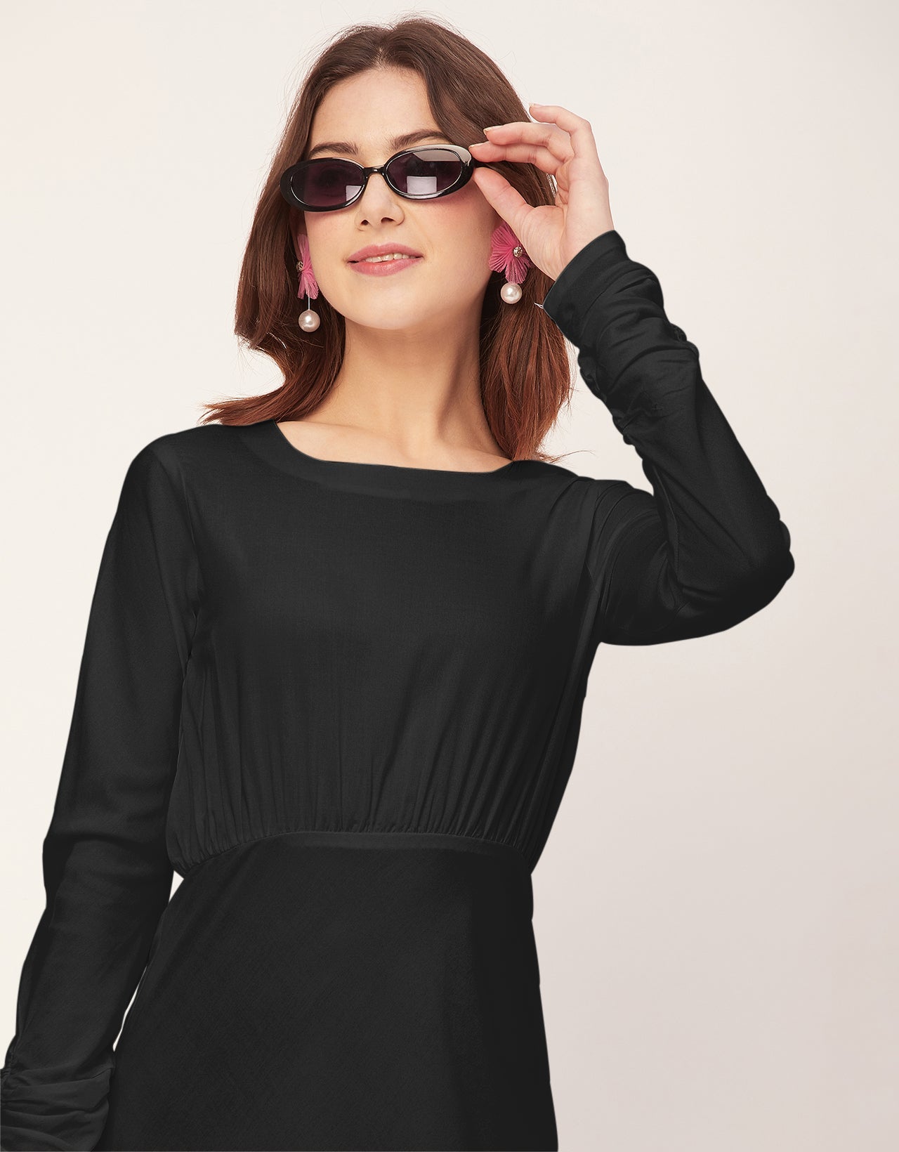 Solid Rayon Long Sleeve Fit & Flare Dress