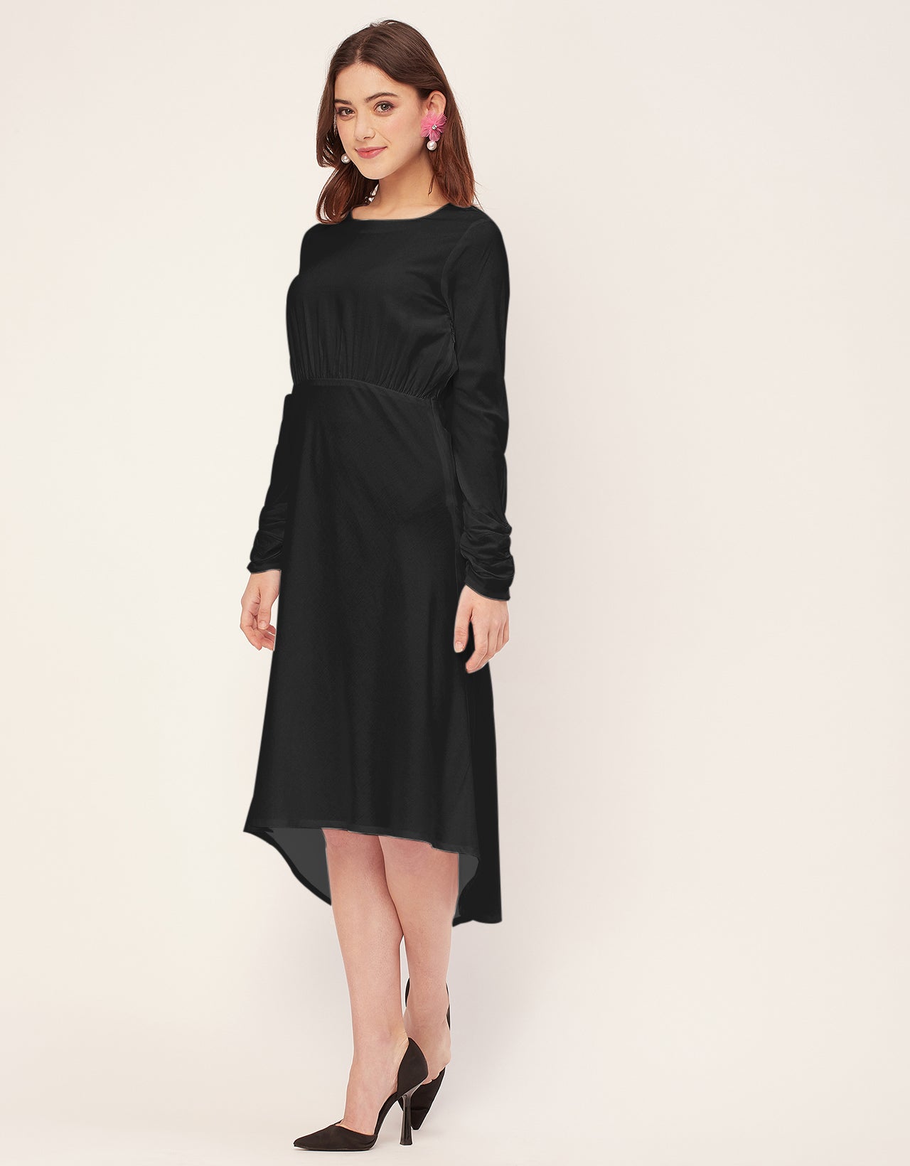Solid Rayon Long Sleeve Fit & Flare Dress