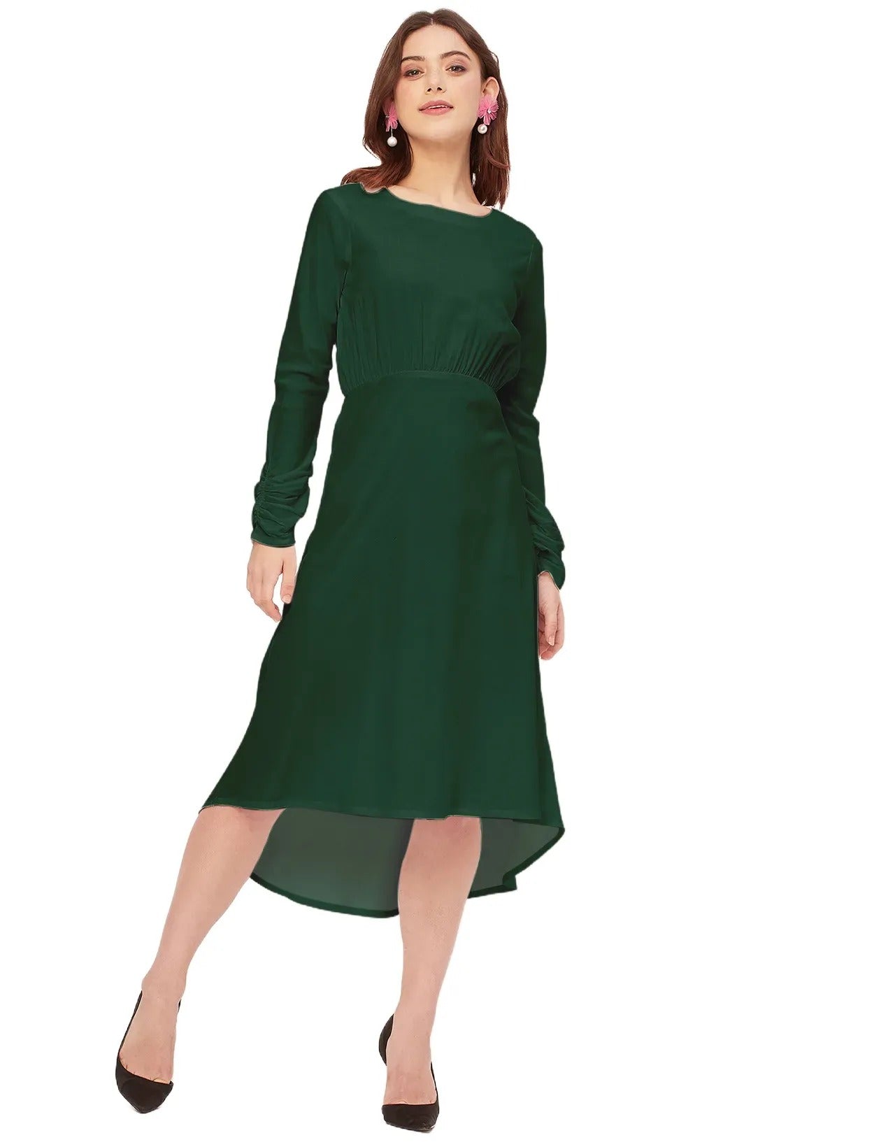 Solid Rayon Long Sleeve Fit & Flare Dress