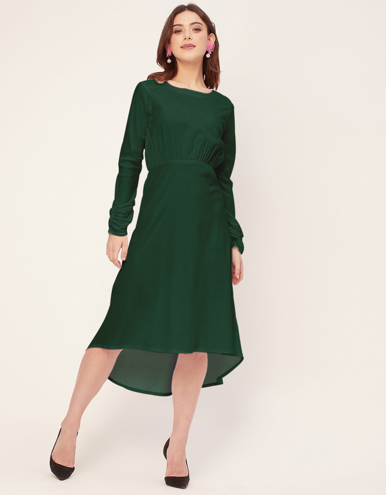 Solid Rayon Long Sleeve Fit & Flare Dress