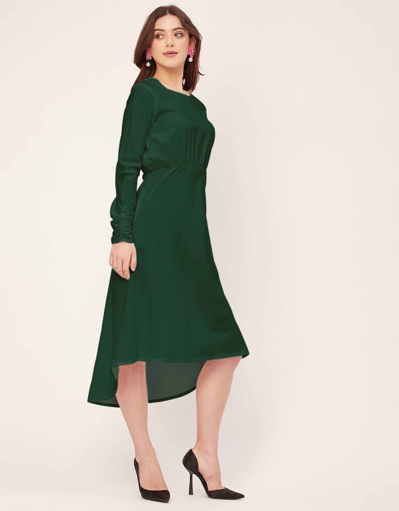 Solid Rayon Long Sleeve Fit & Flare Dress