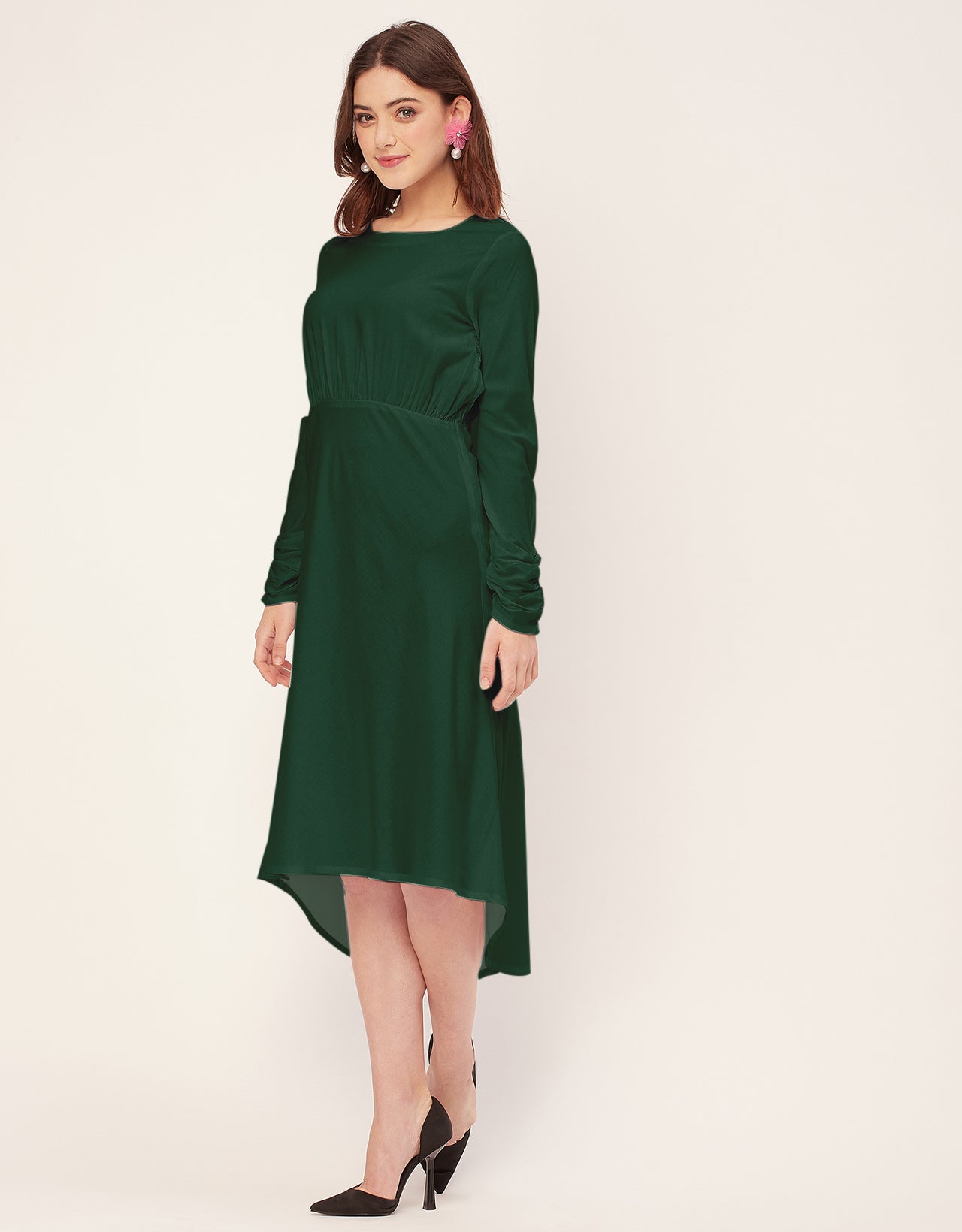 Solid Rayon Long Sleeve Fit & Flare Dress