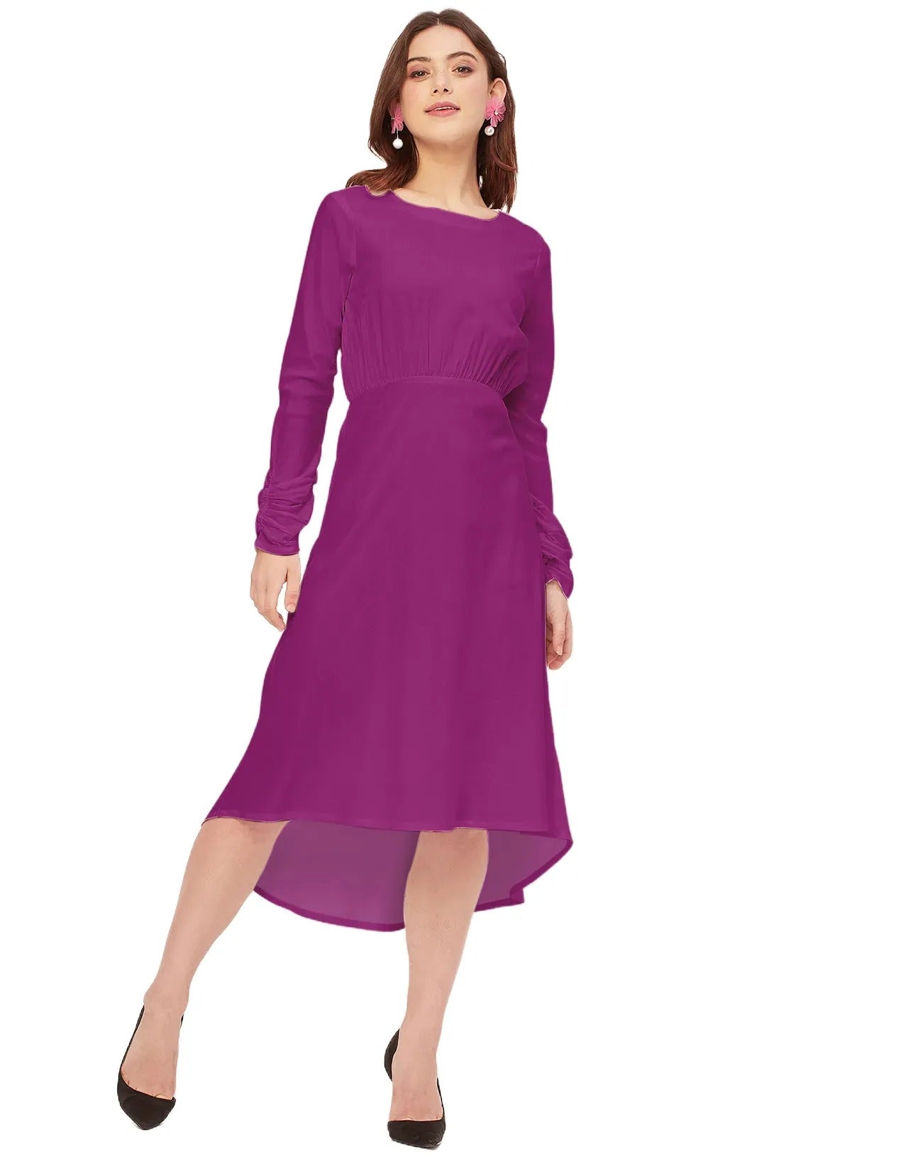 Solid Rayon Long Sleeve Fit & Flare Dress