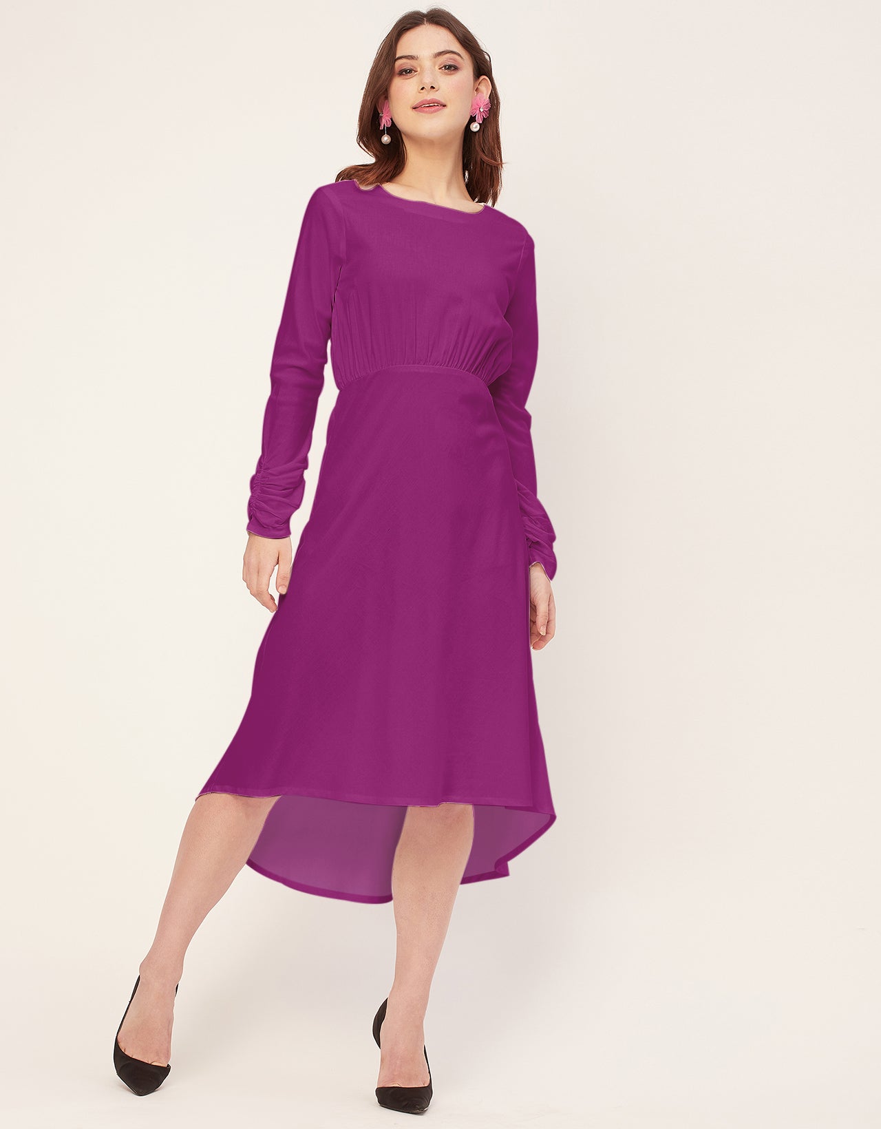 Solid Rayon Long Sleeve Fit & Flare Dress