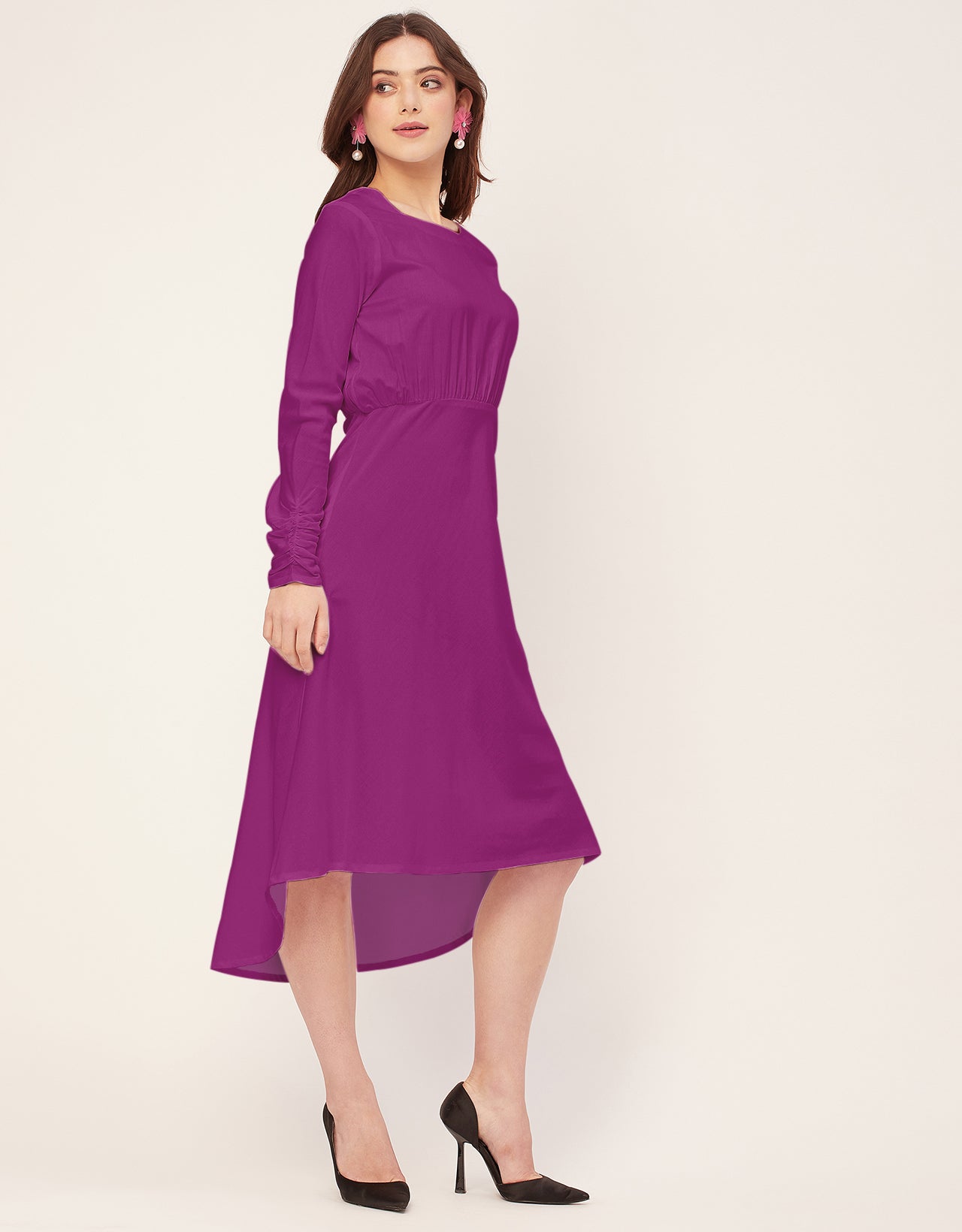 Solid Rayon Long Sleeve Fit & Flare Dress