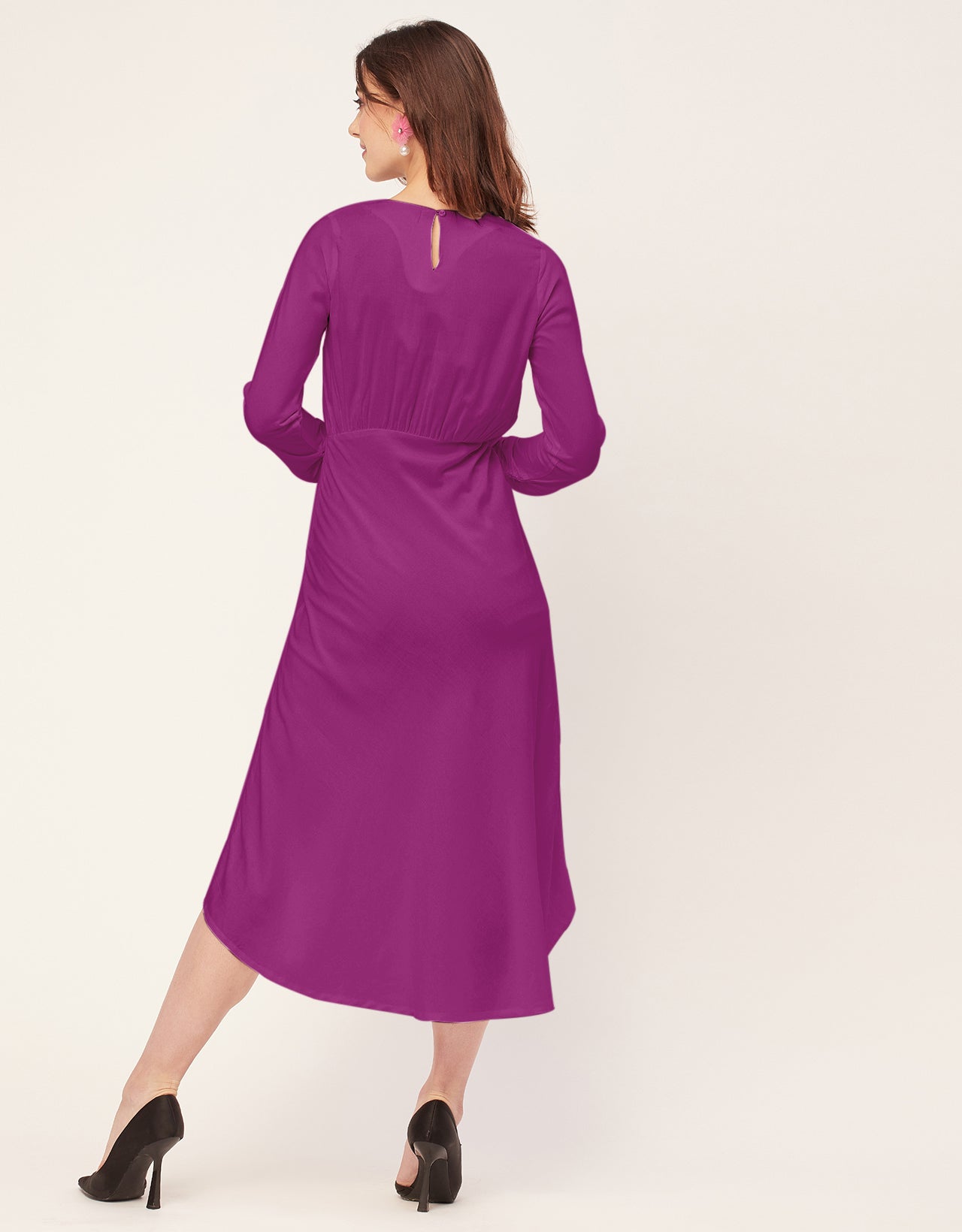 Solid Rayon Long Sleeve Fit & Flare Dress
