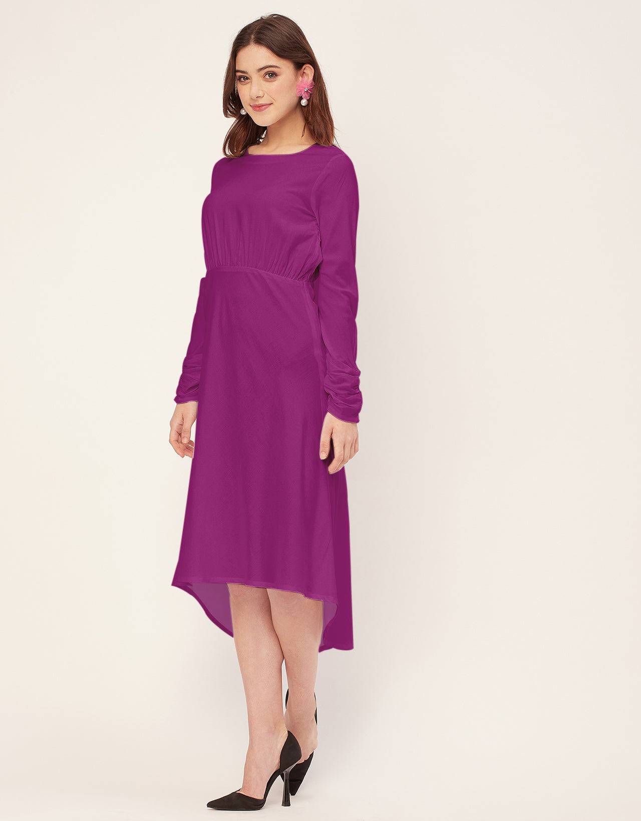Solid Rayon Long Sleeve Fit & Flare Dress