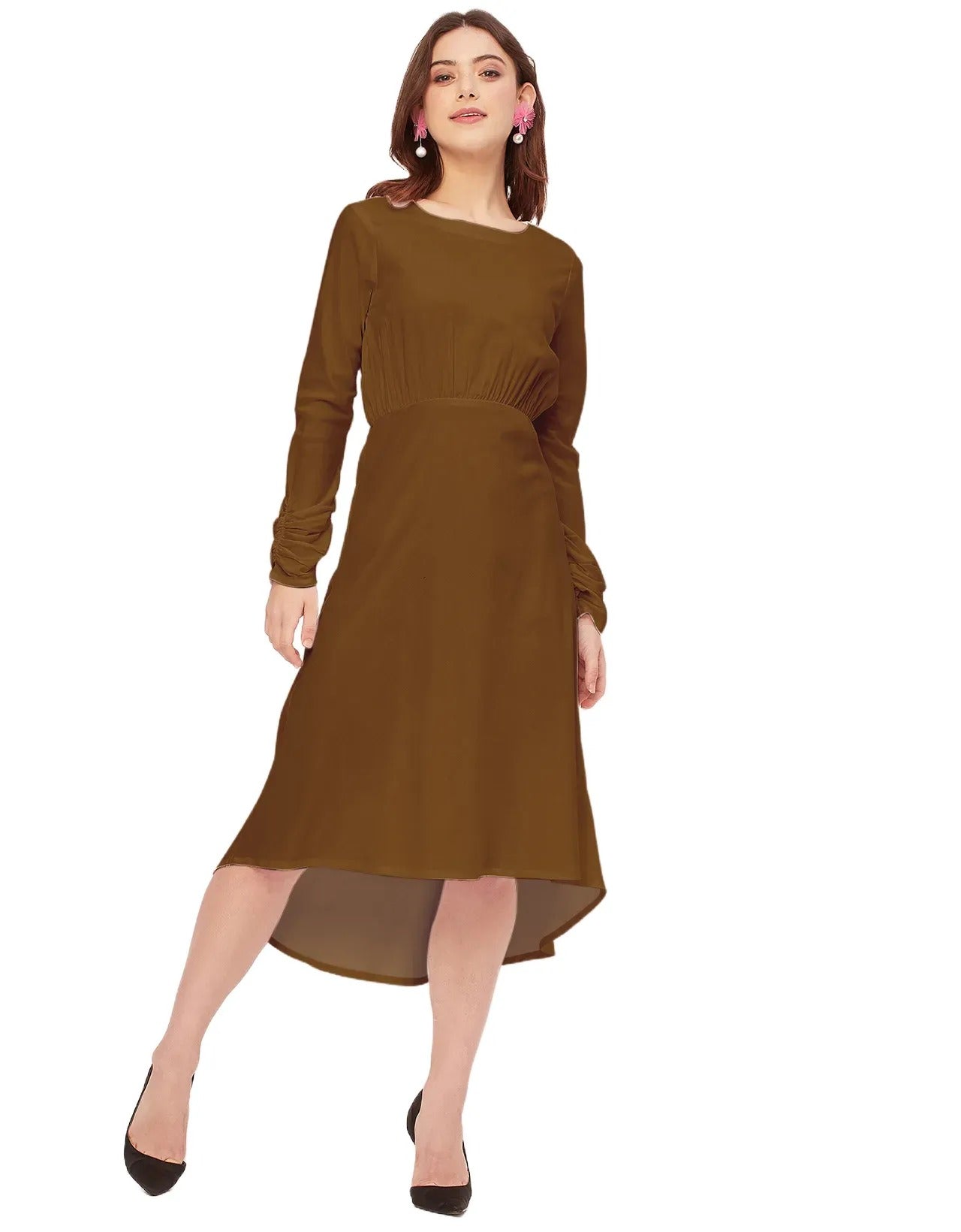 Solid Rayon Long Sleeve Fit & Flare Dress