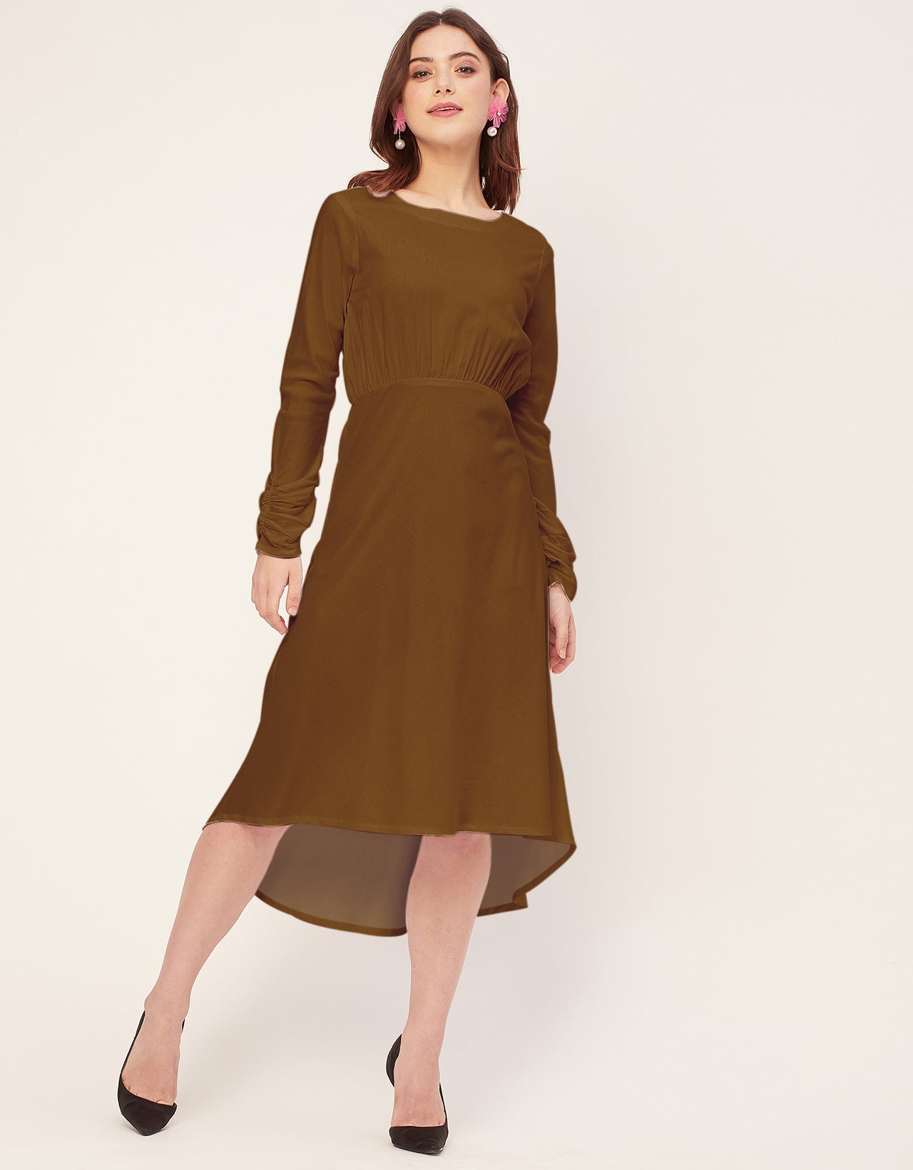Solid Rayon Long Sleeve Fit & Flare Dress