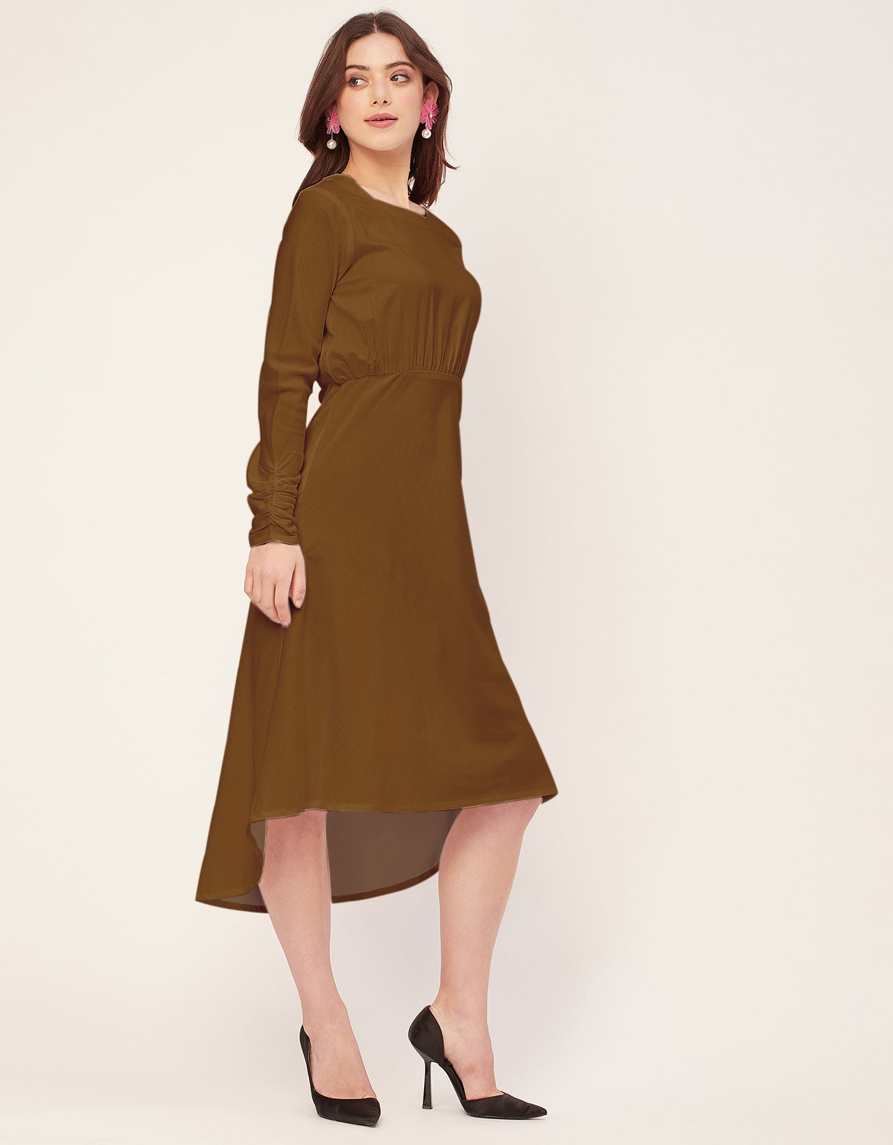 Solid Rayon Long Sleeve Fit & Flare Dress
