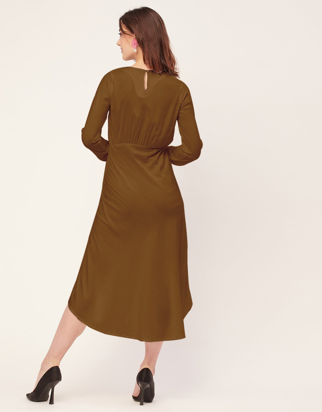 Solid Rayon Long Sleeve Fit & Flare Dress