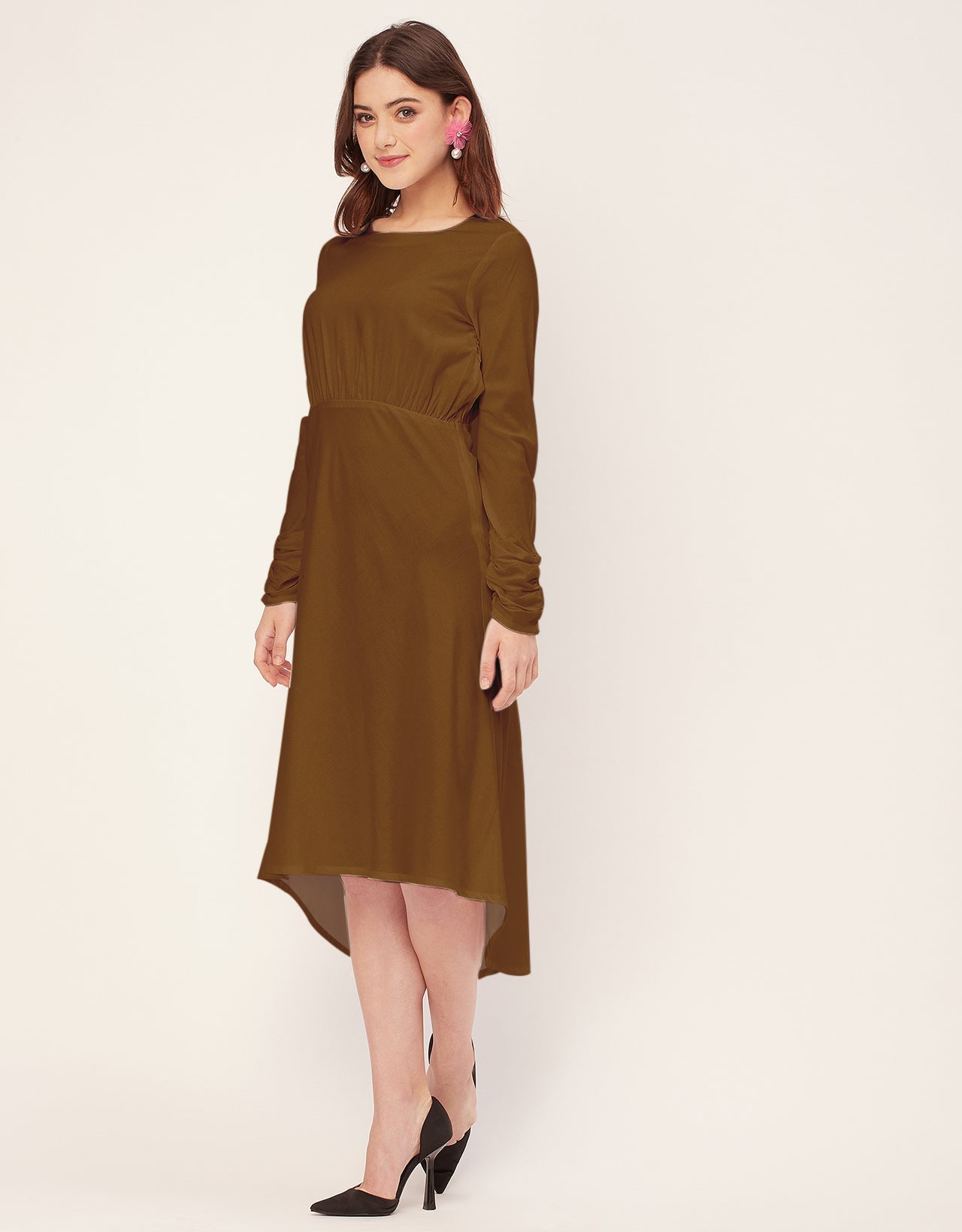 Solid Rayon Long Sleeve Fit & Flare Dress