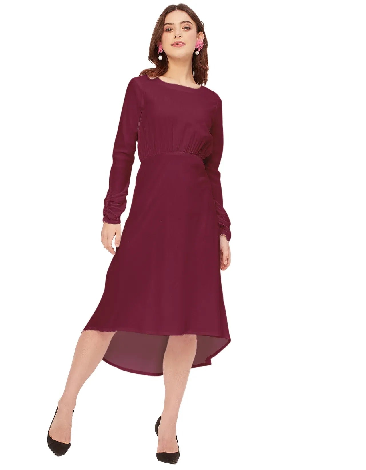 Solid Rayon Long Sleeve Fit & Flare Dress