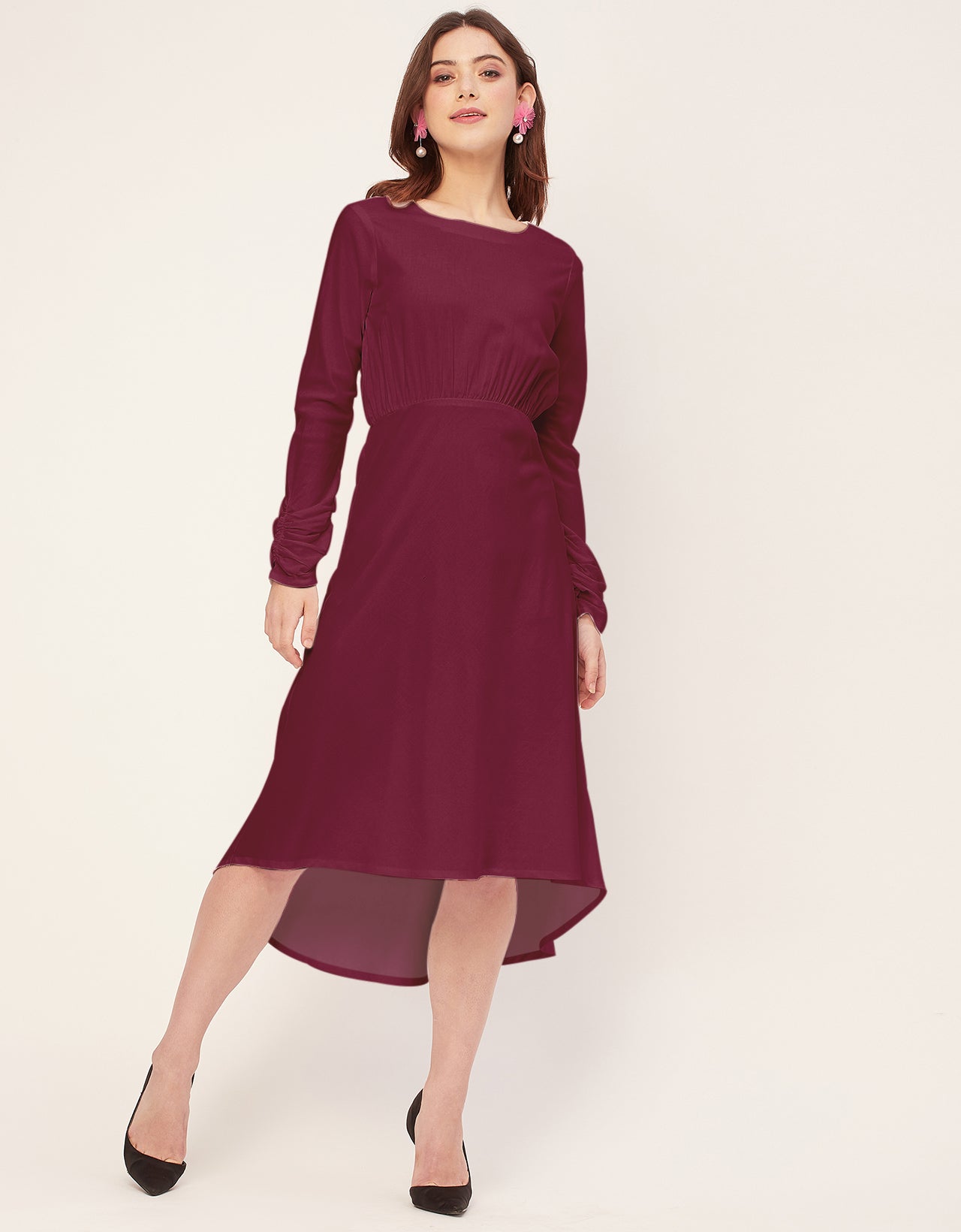 Solid Rayon Long Sleeve Fit & Flare Dress