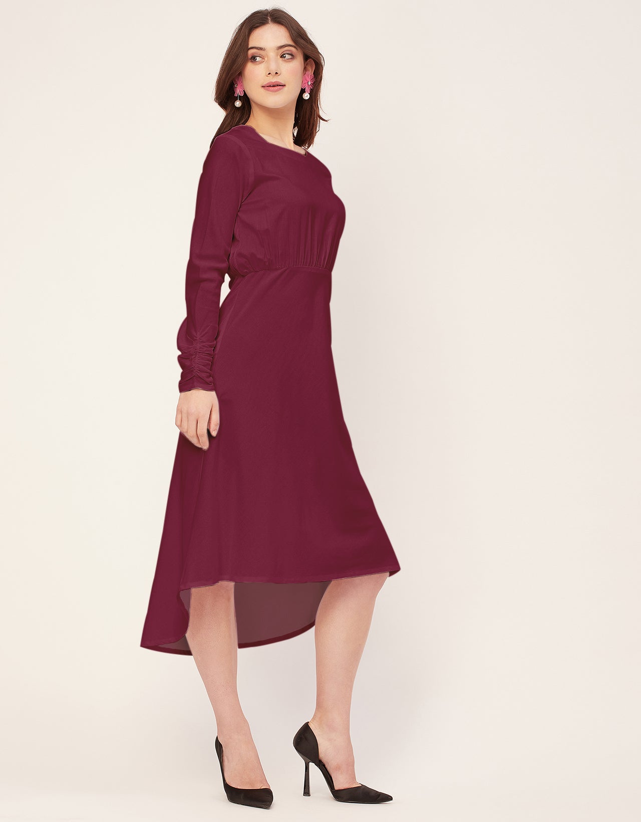 Solid Rayon Long Sleeve Fit & Flare Dress