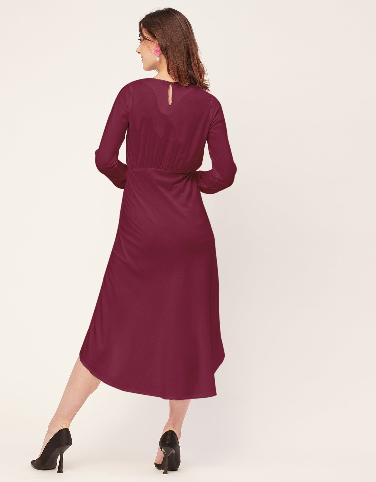 Solid Rayon Long Sleeve Fit & Flare Dress