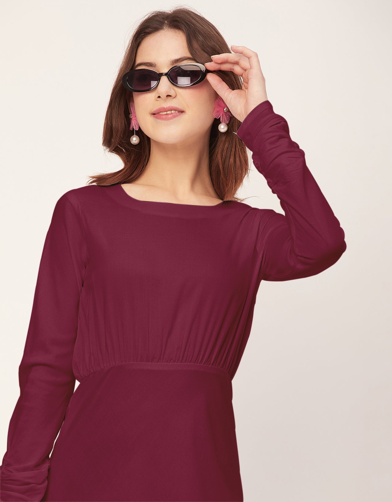 Solid Rayon Long Sleeve Fit & Flare Dress