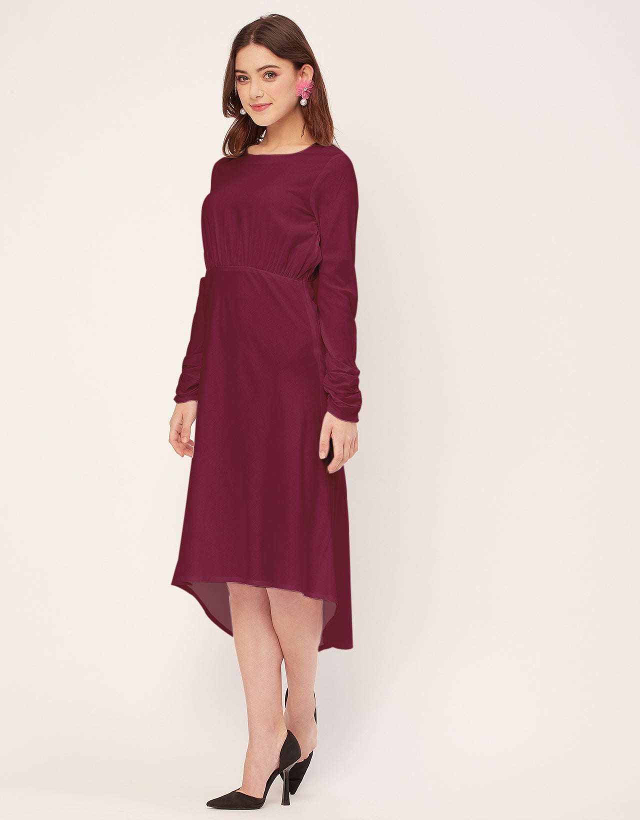 Solid Rayon Long Sleeve Fit & Flare Dress