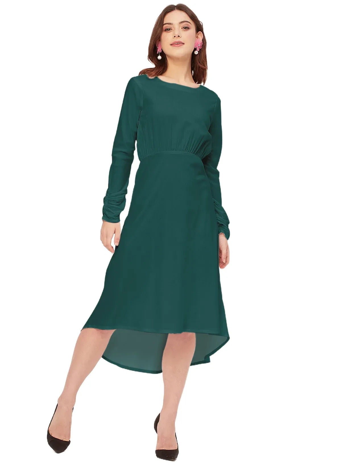 Solid Rayon Long Sleeve Fit & Flare Dress